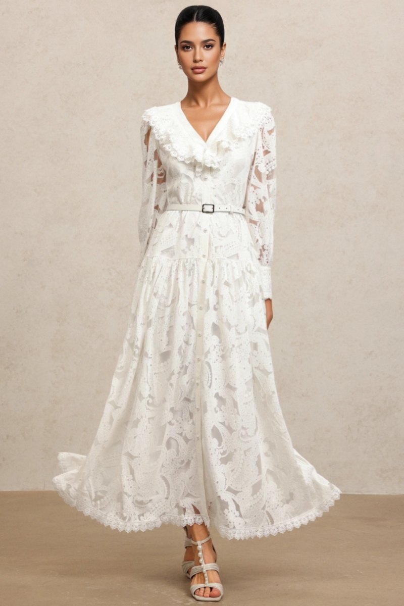 Klyra V Neck Long Sleeves Lace Folds Maxi Dress