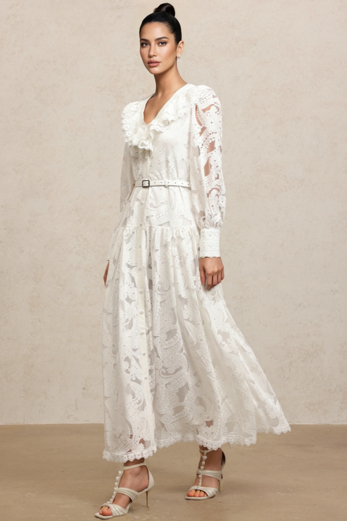 Klyra V Neck Long Sleeves Lace Folds Maxi Dress