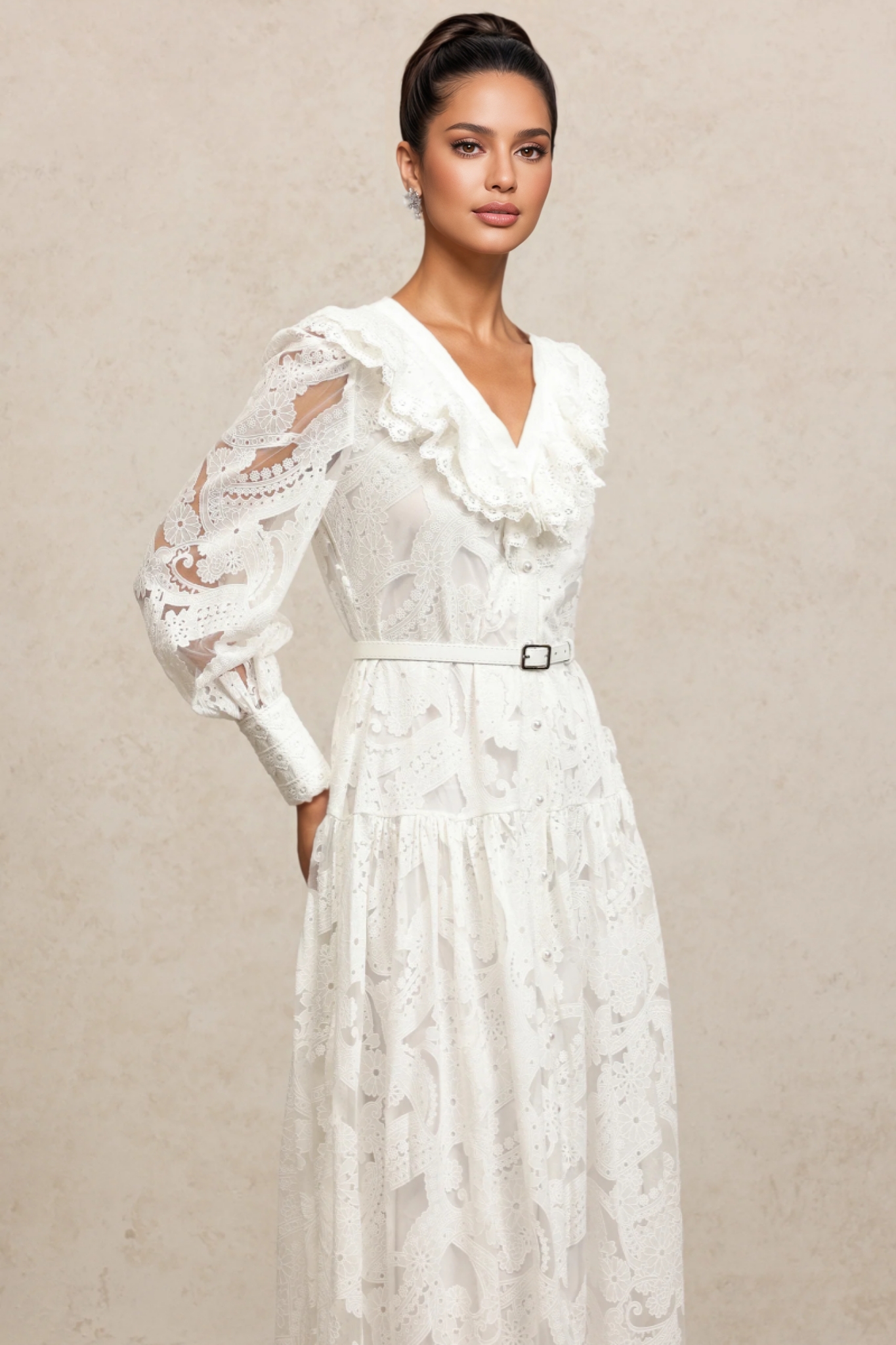 Klyra V Neck Long Sleeves Lace Folds Maxi Dress