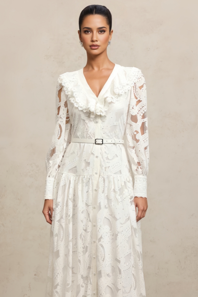 Phaelrx V Neck Long Sleeves Lace Folds Maxi Dress