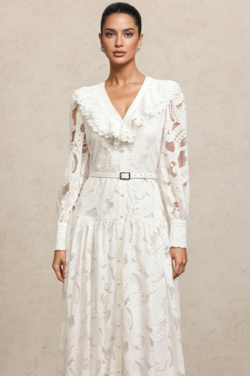 Klyra V Neck Long Sleeves Lace Folds Maxi Dress