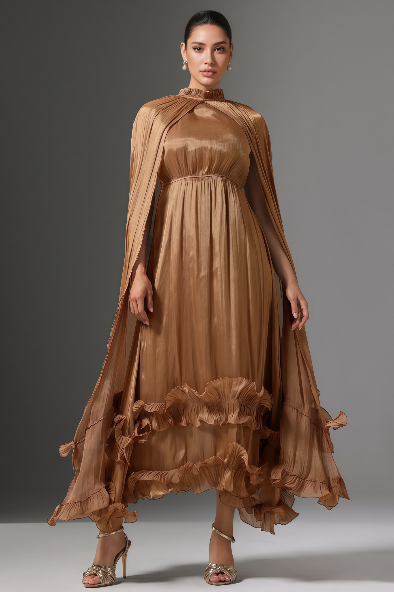 Carolina High Neck Cape Tie Ruffle Pleated Maxi Dress