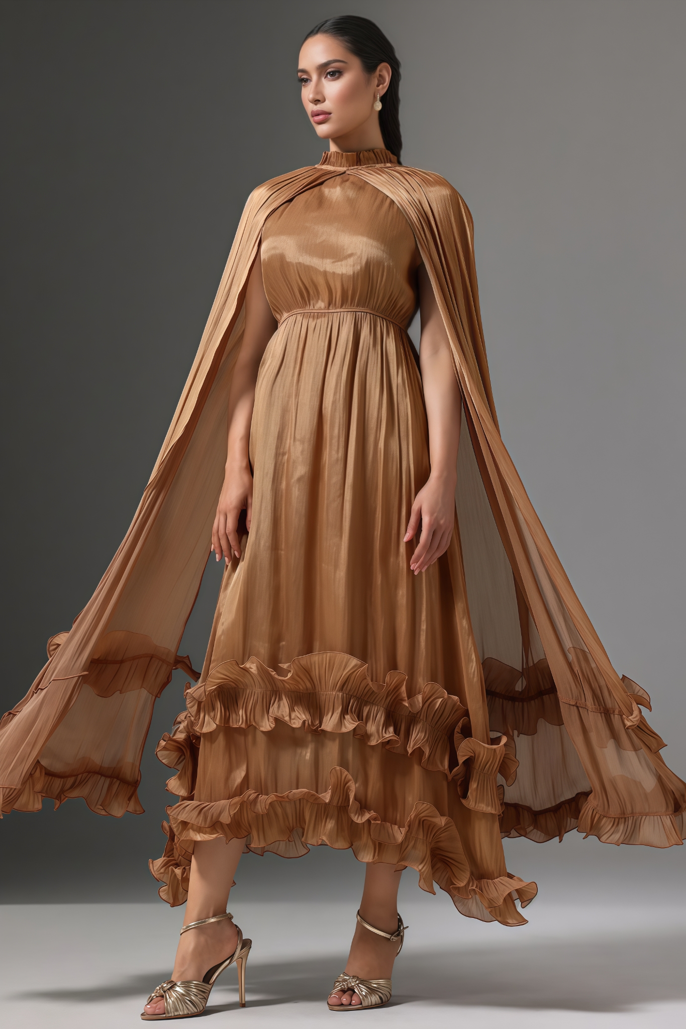 Carolina High Neck Cape Tie Ruffle Pleated Maxi Dress