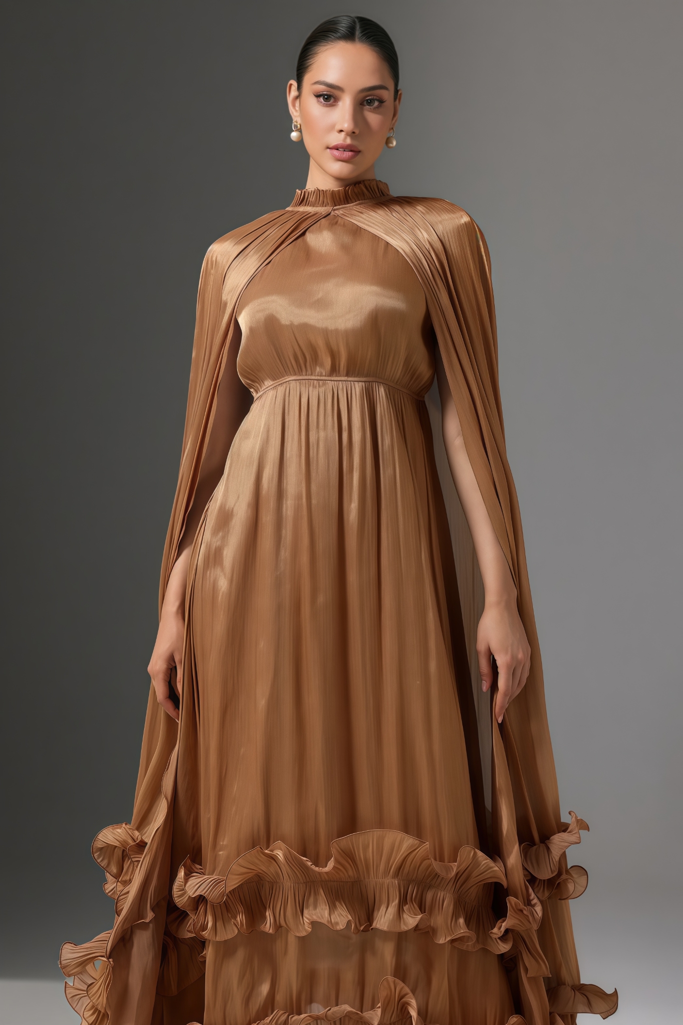 Carolina High Neck Cape Tie Ruffle Pleated Maxi Dress