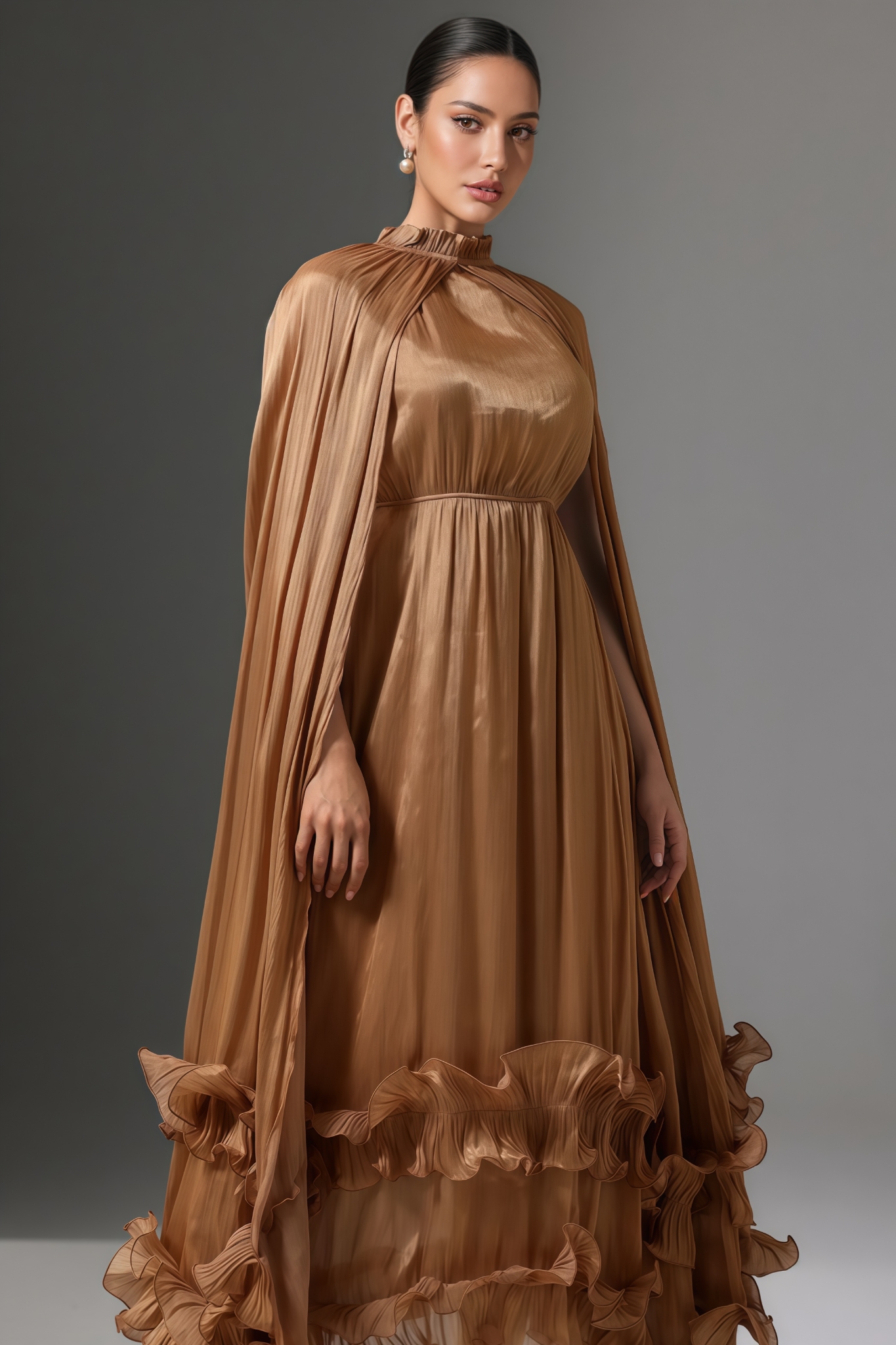 Carolina High Neck Cape Tie Ruffle Pleated Maxi Dress
