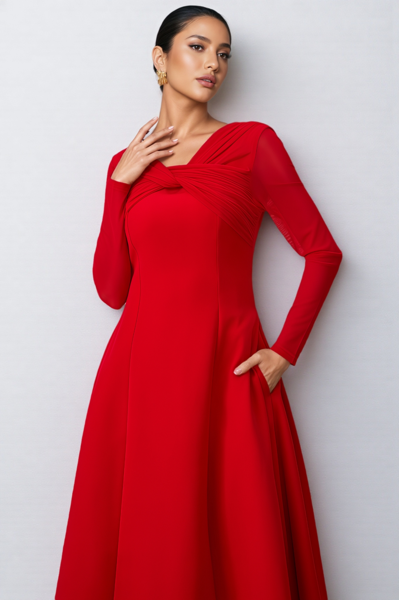 Lurea Red Twist Front Midi Dress