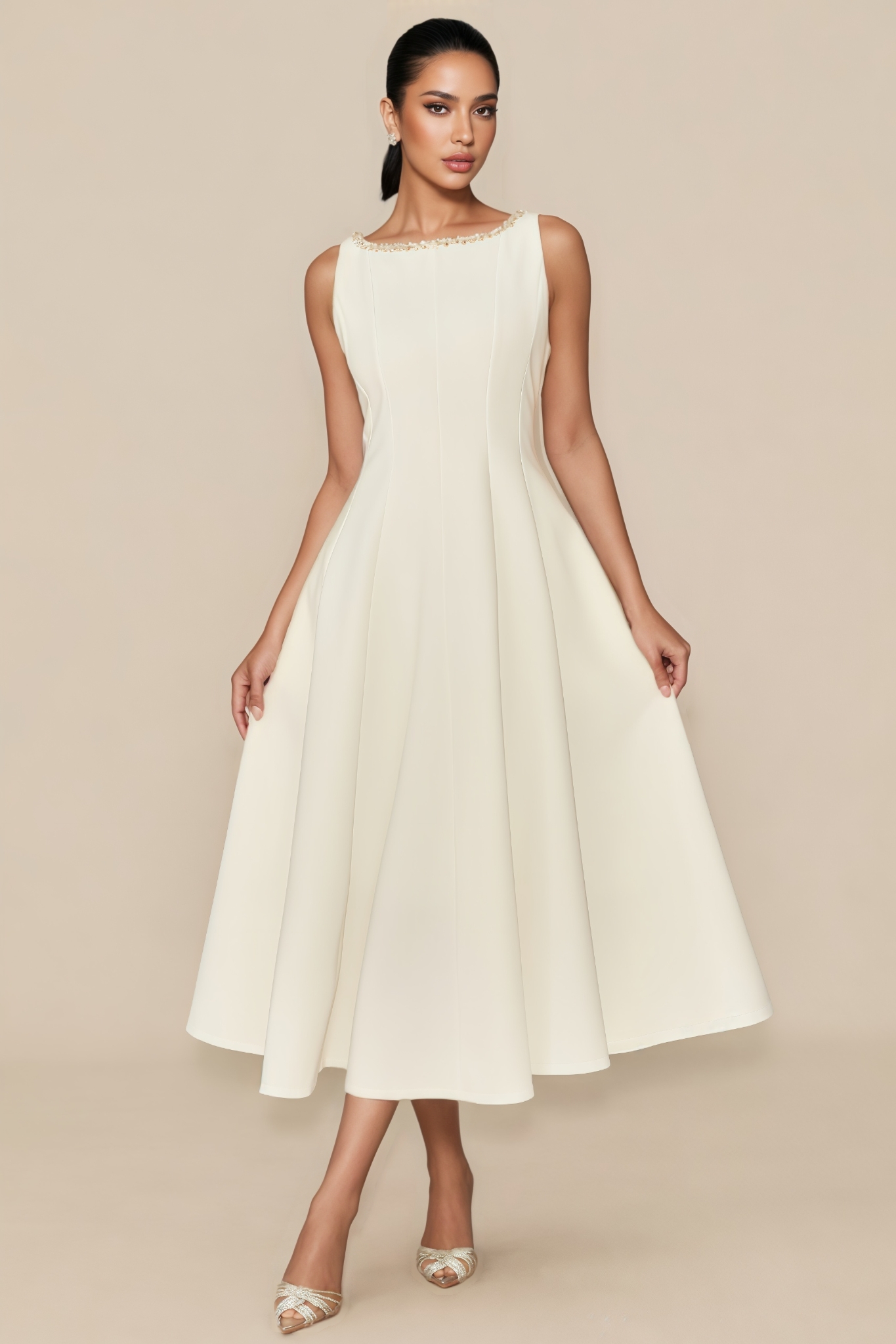 Bluma White Embellished Sleeveless Midi Dress