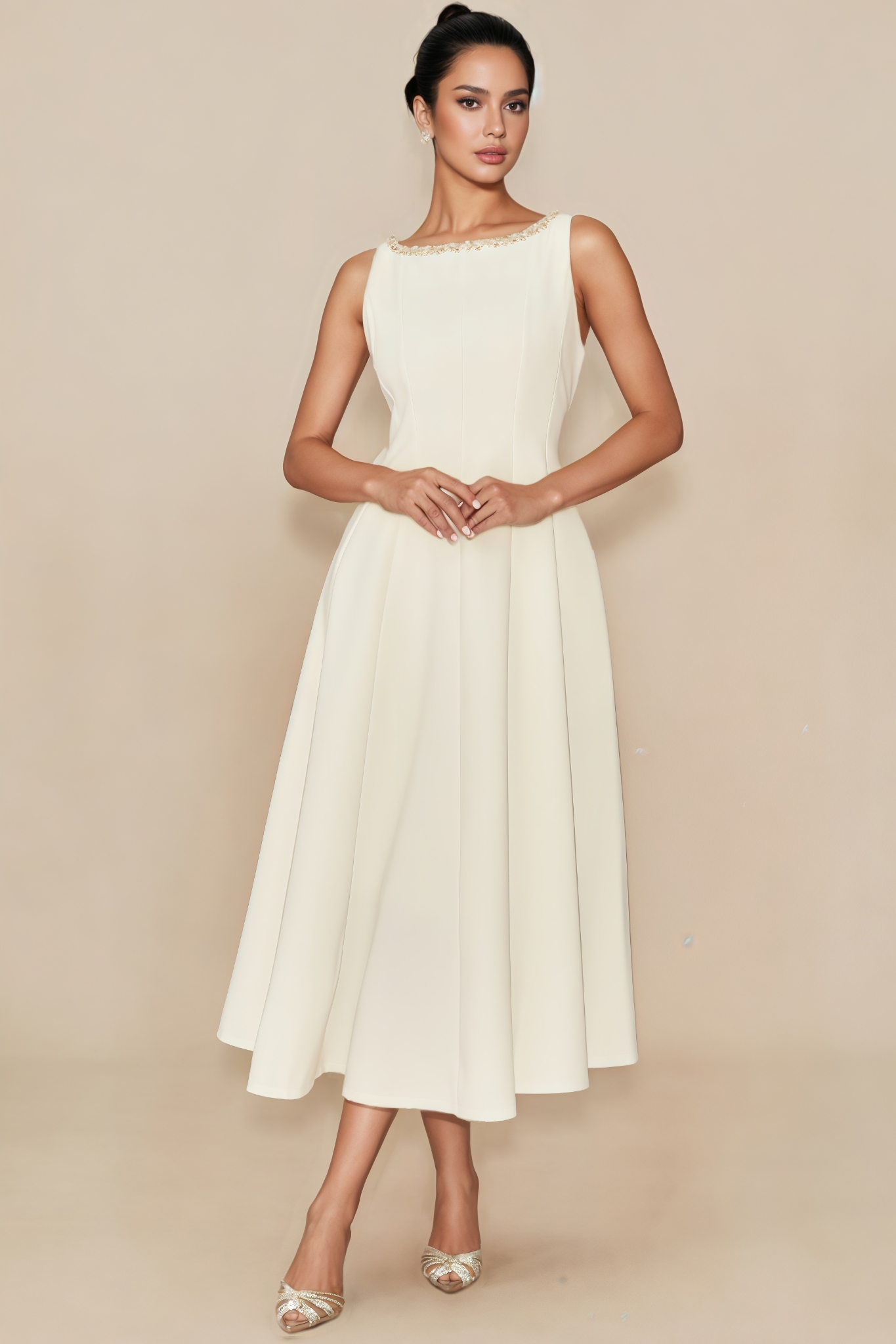Bluma White Embellished Sleeveless Midi Dress