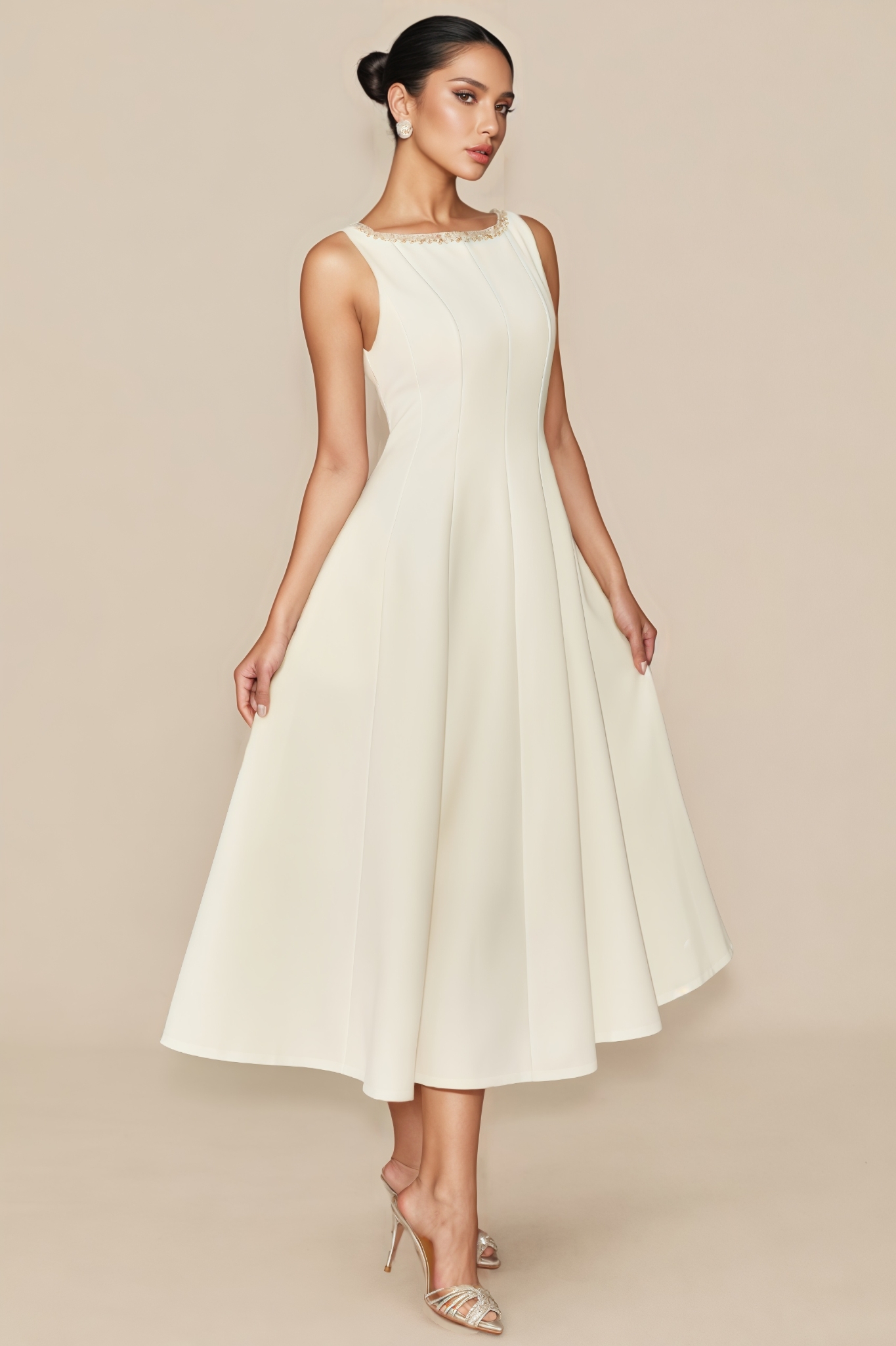 Bluma White Embellished Sleeveless Midi Dress