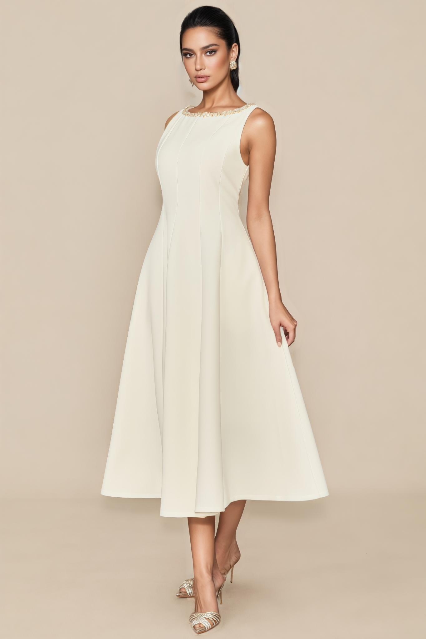 Bluma White Embellished Sleeveless Midi Dress