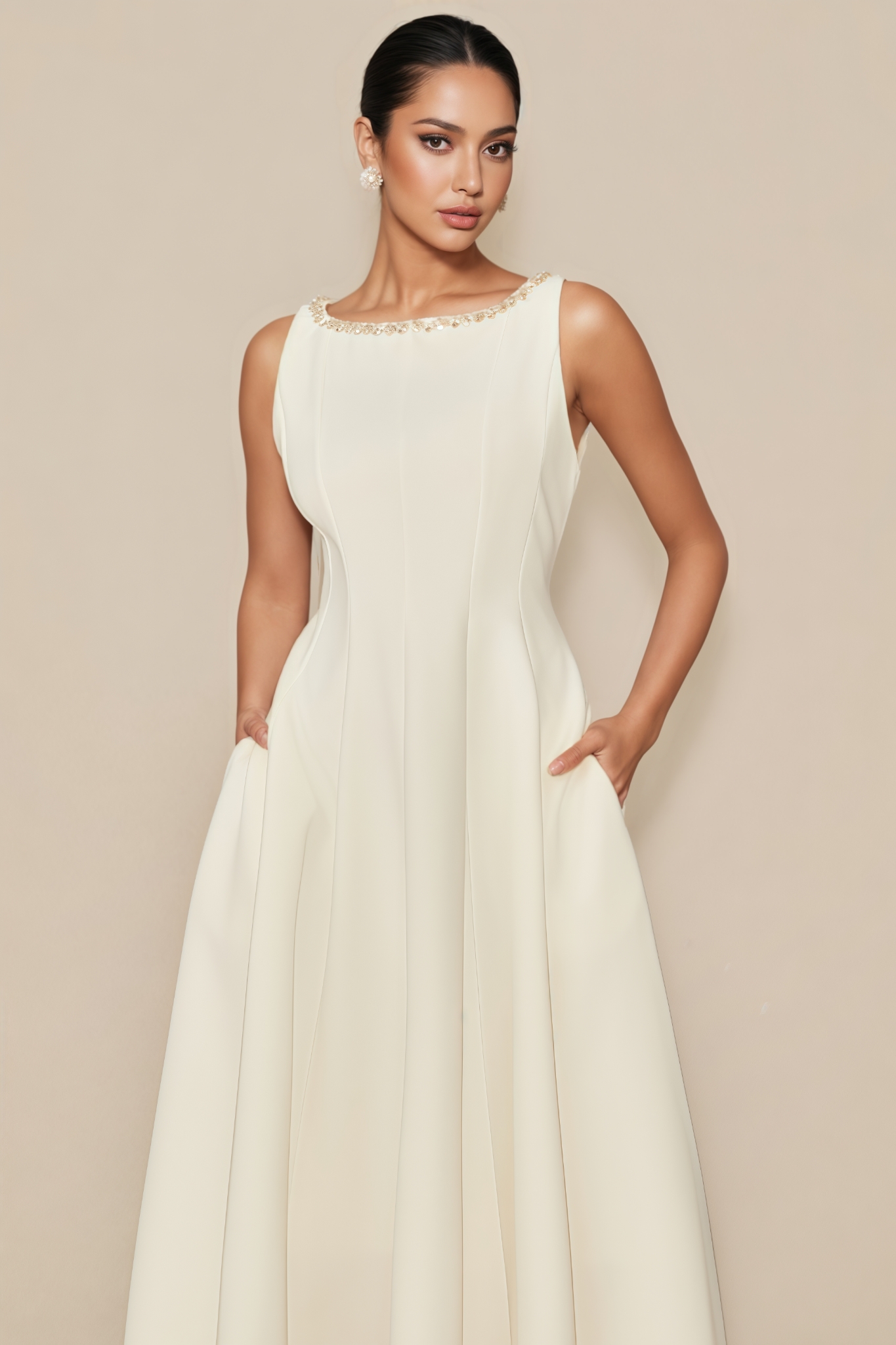 Bluma White Embellished Sleeveless Midi Dress