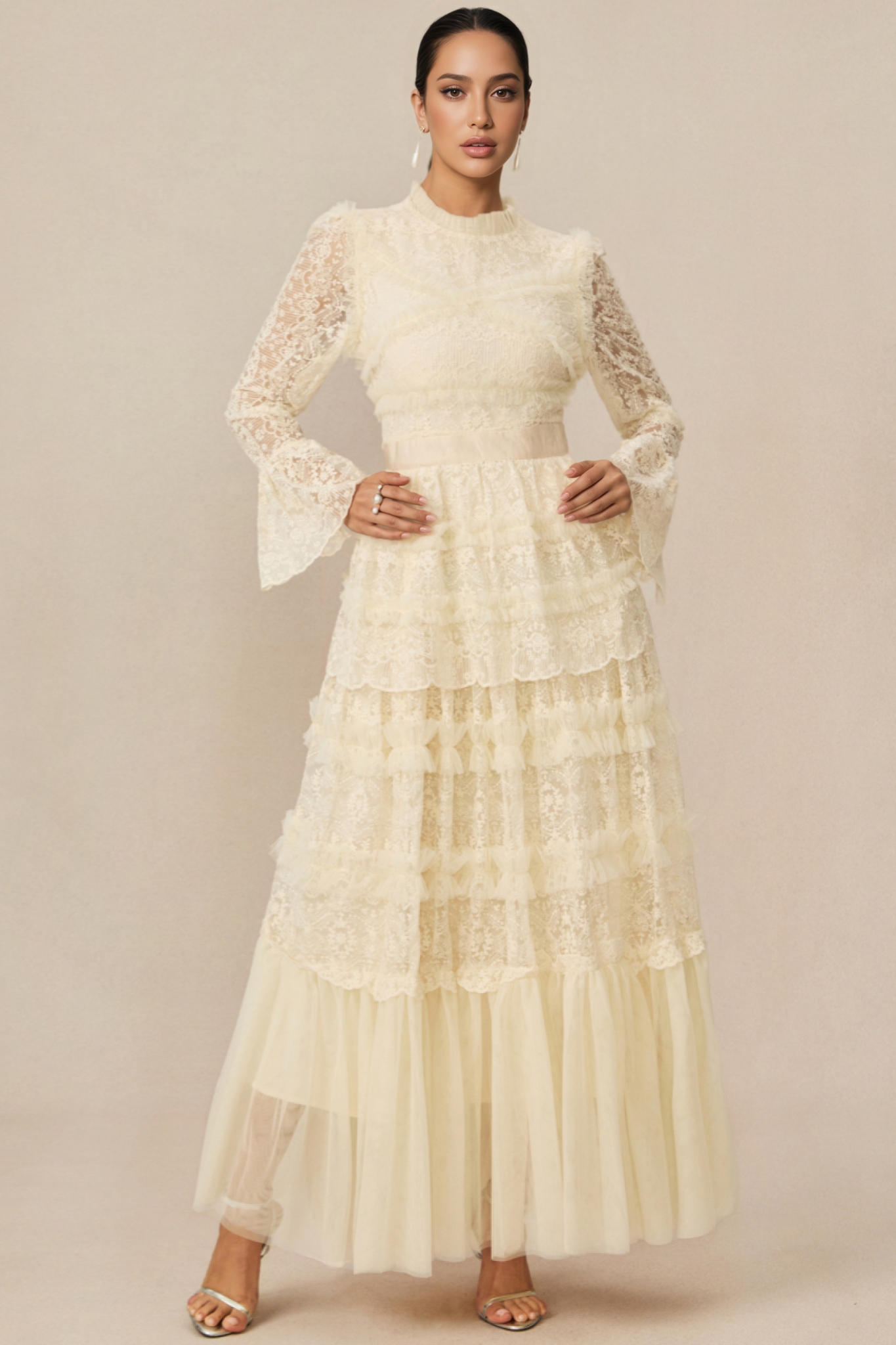 Rylis Beige Lace Tiered Maxi Dress