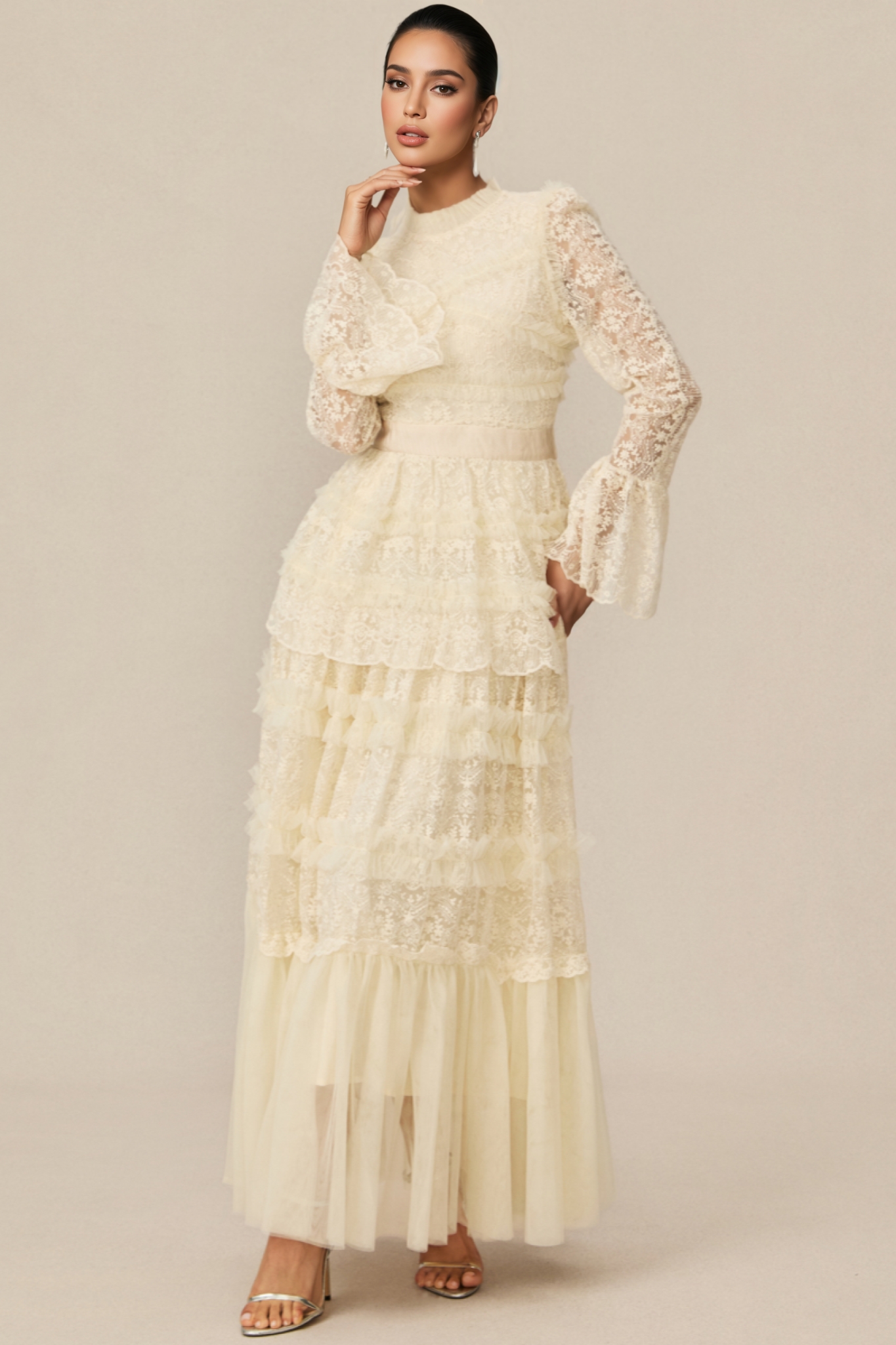 Rylis Beige Lace Tiered Maxi Dress