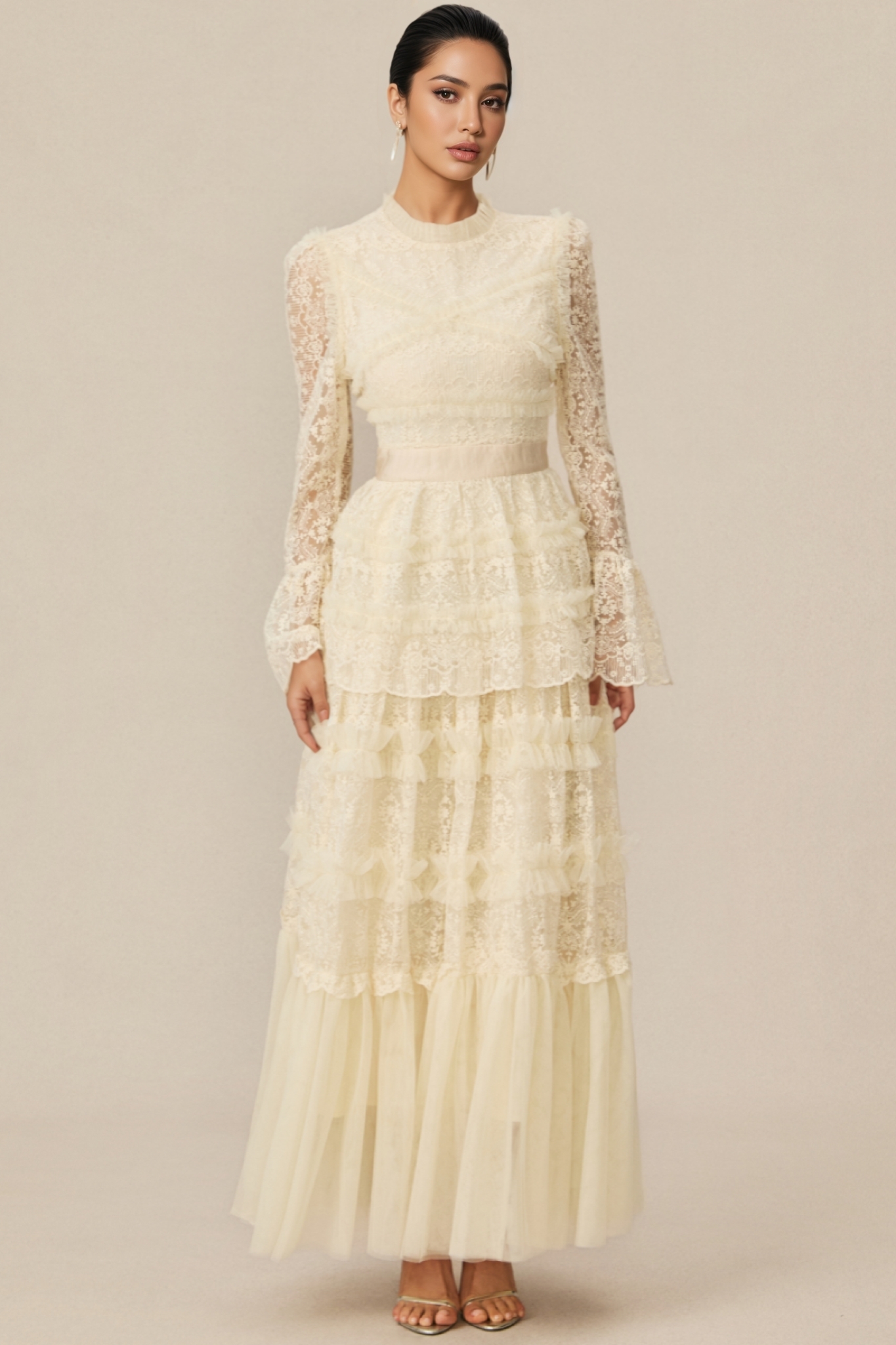 Rylis Beige Lace Tiered Maxi Dress