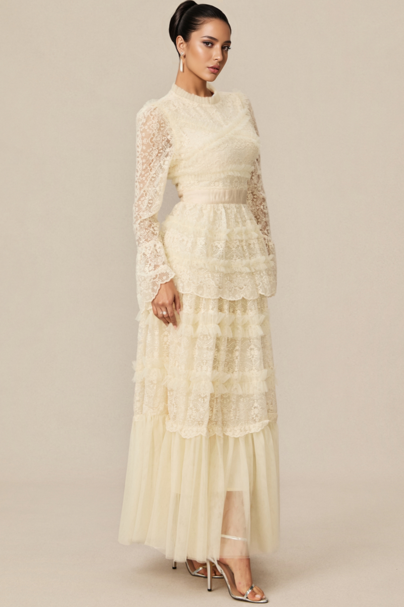 Rylis Beige Lace Tiered Maxi Dress