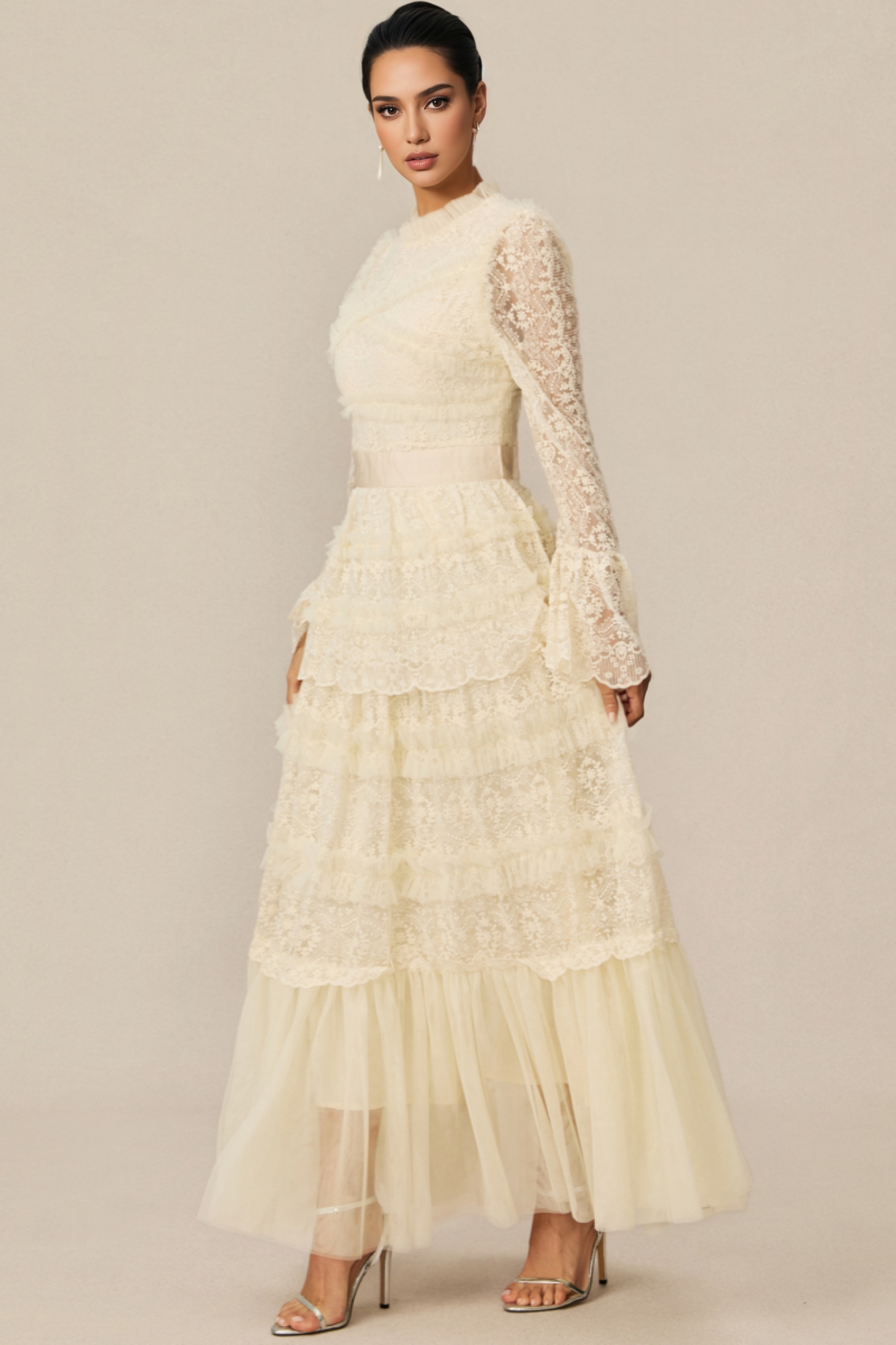 Rylis Beige Lace Tiered Maxi Dress