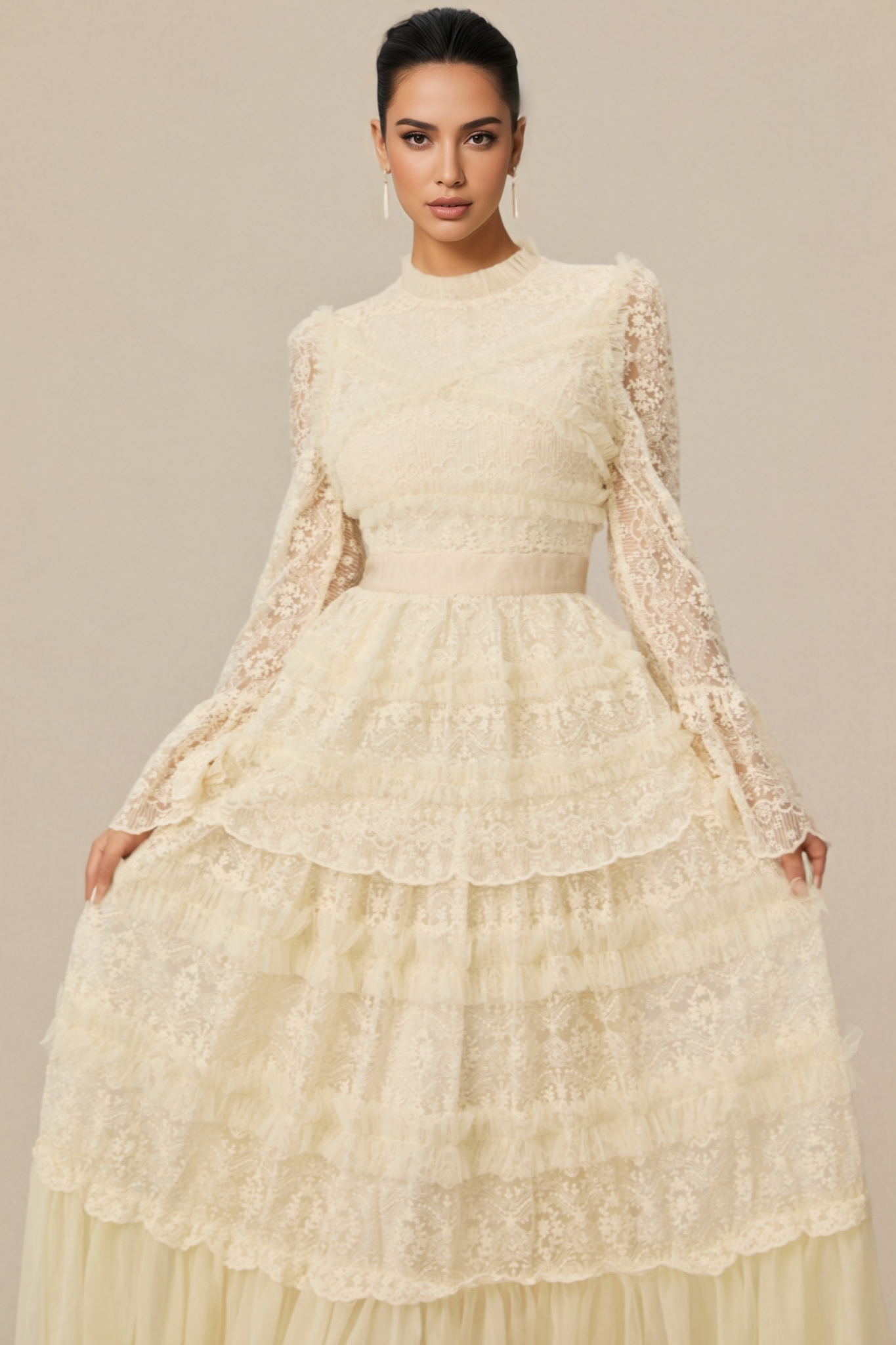 Rylis Beige Lace Tiered Maxi Dress