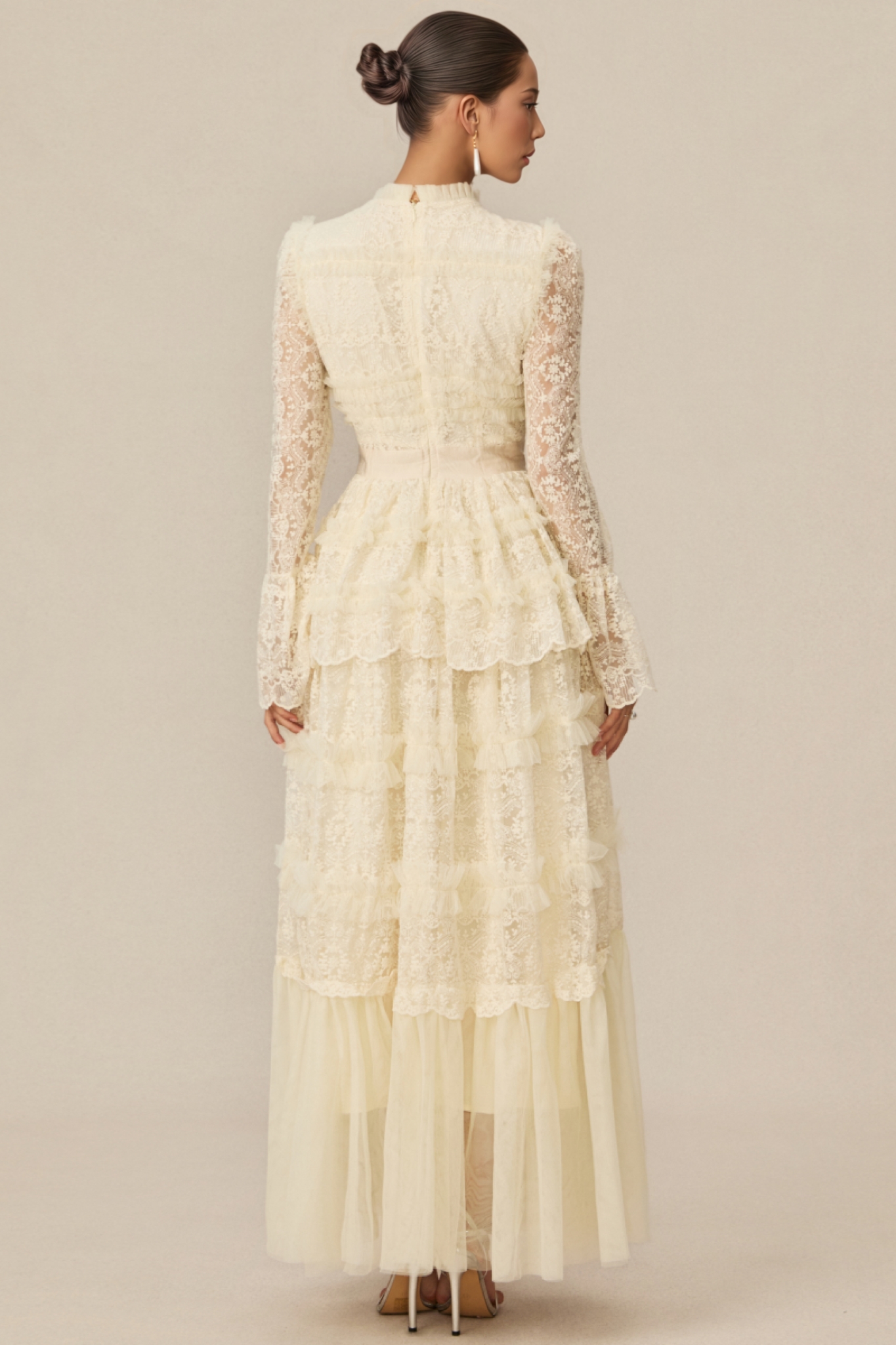 Rylis Beige Lace Tiered Maxi Dress