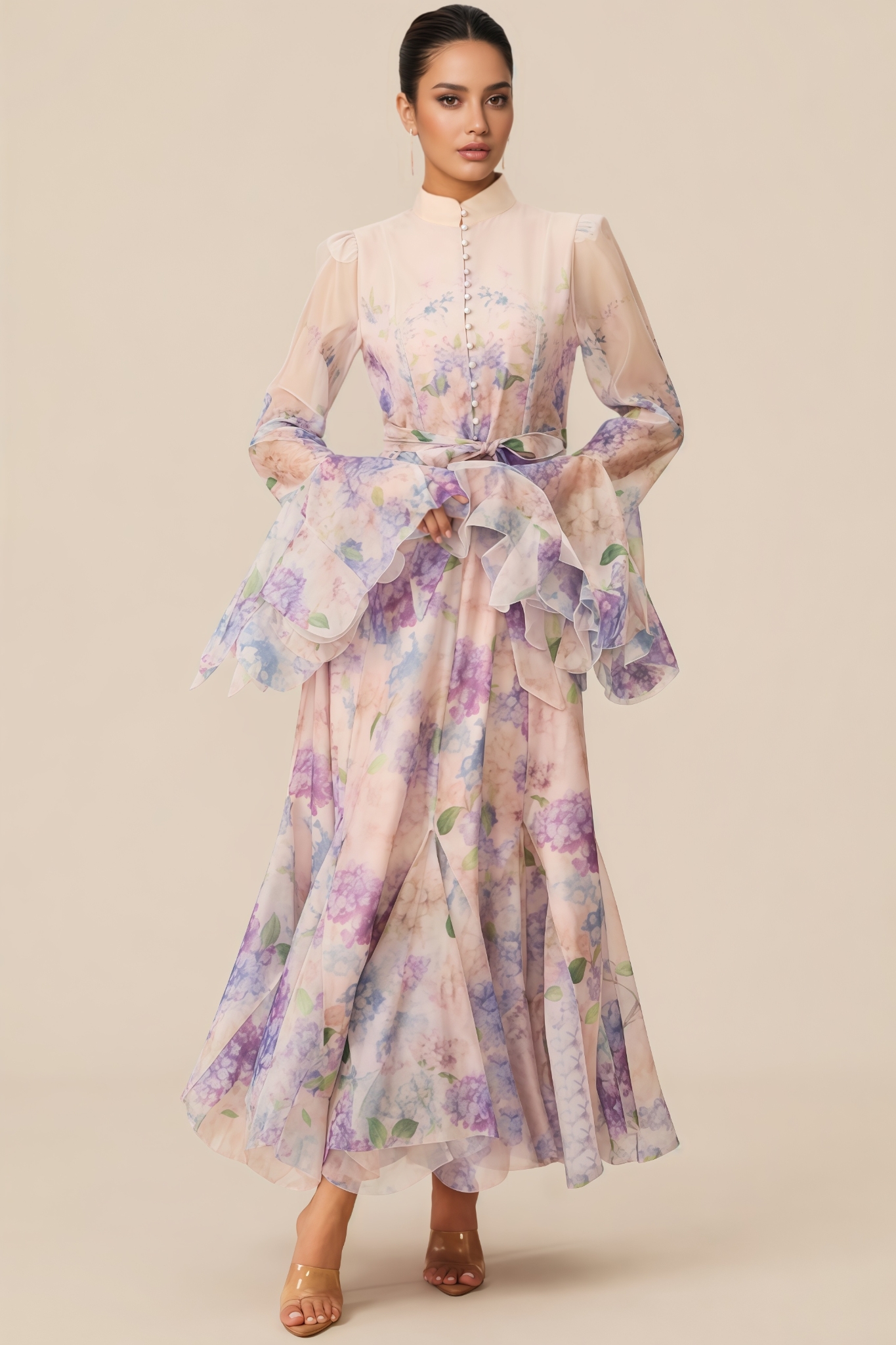 Orlin Purple Floral Print Ruffle Cuff Maxi Dress
