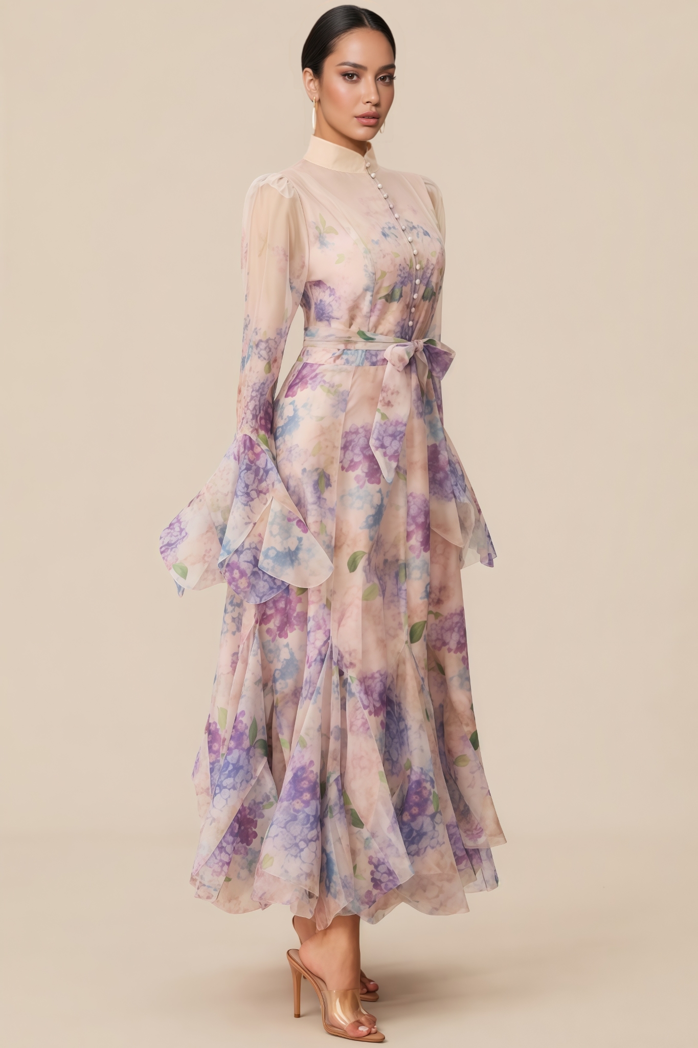 Orlin Purple Floral Print Ruffle Cuff Maxi Dress