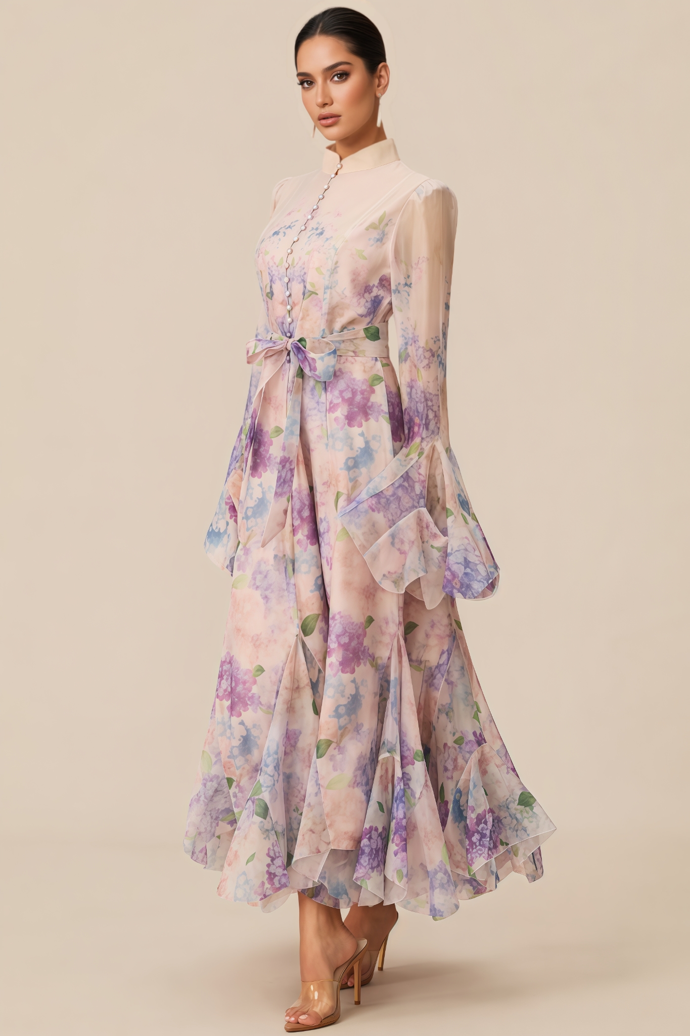 Orlin Purple Floral Print Ruffle Cuff Maxi Dress