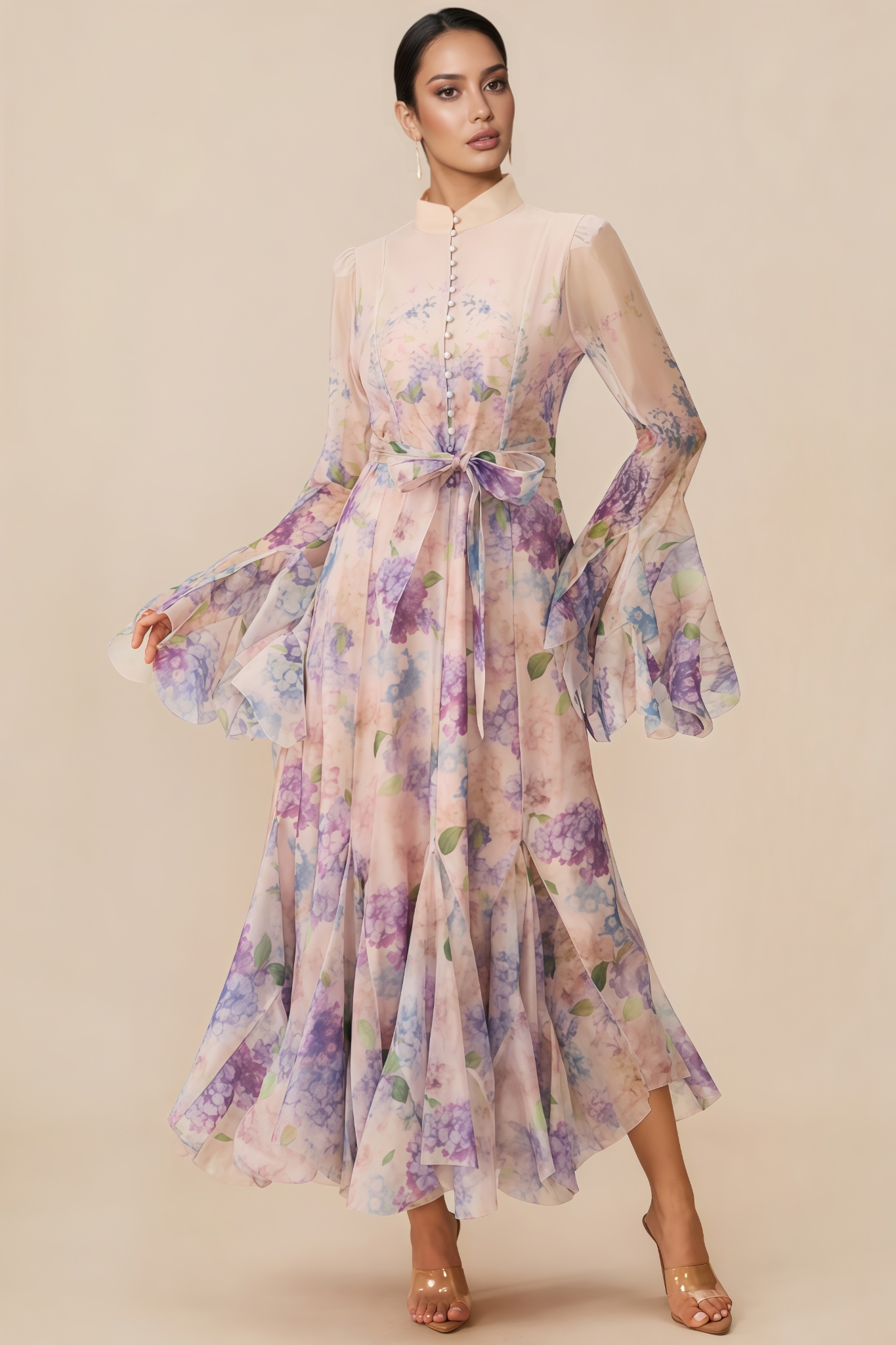 Orlin Purple Floral Print Ruffle Cuff Maxi Dress