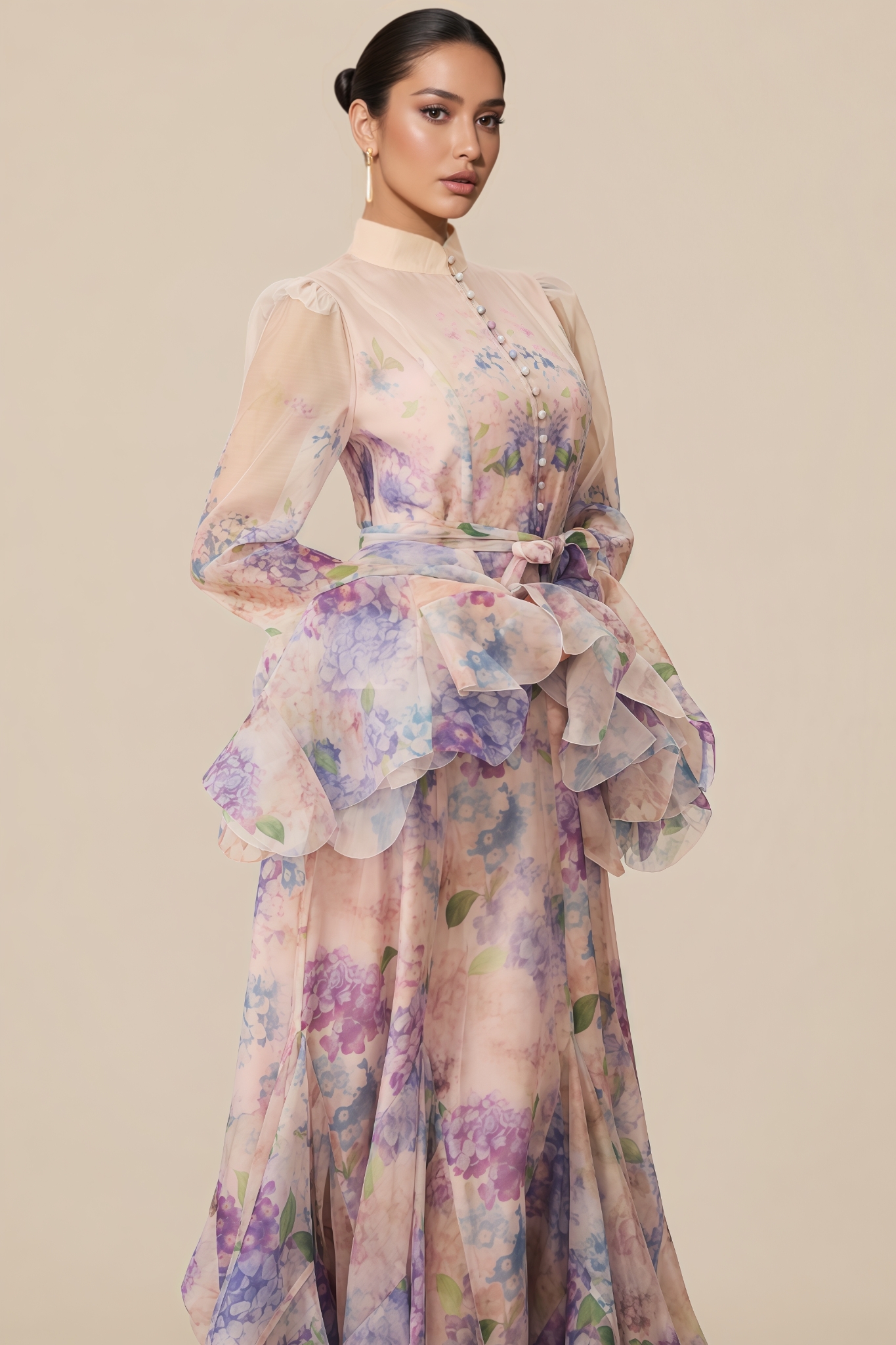 Orlin Purple Floral Print Ruffle Cuff Maxi Dress