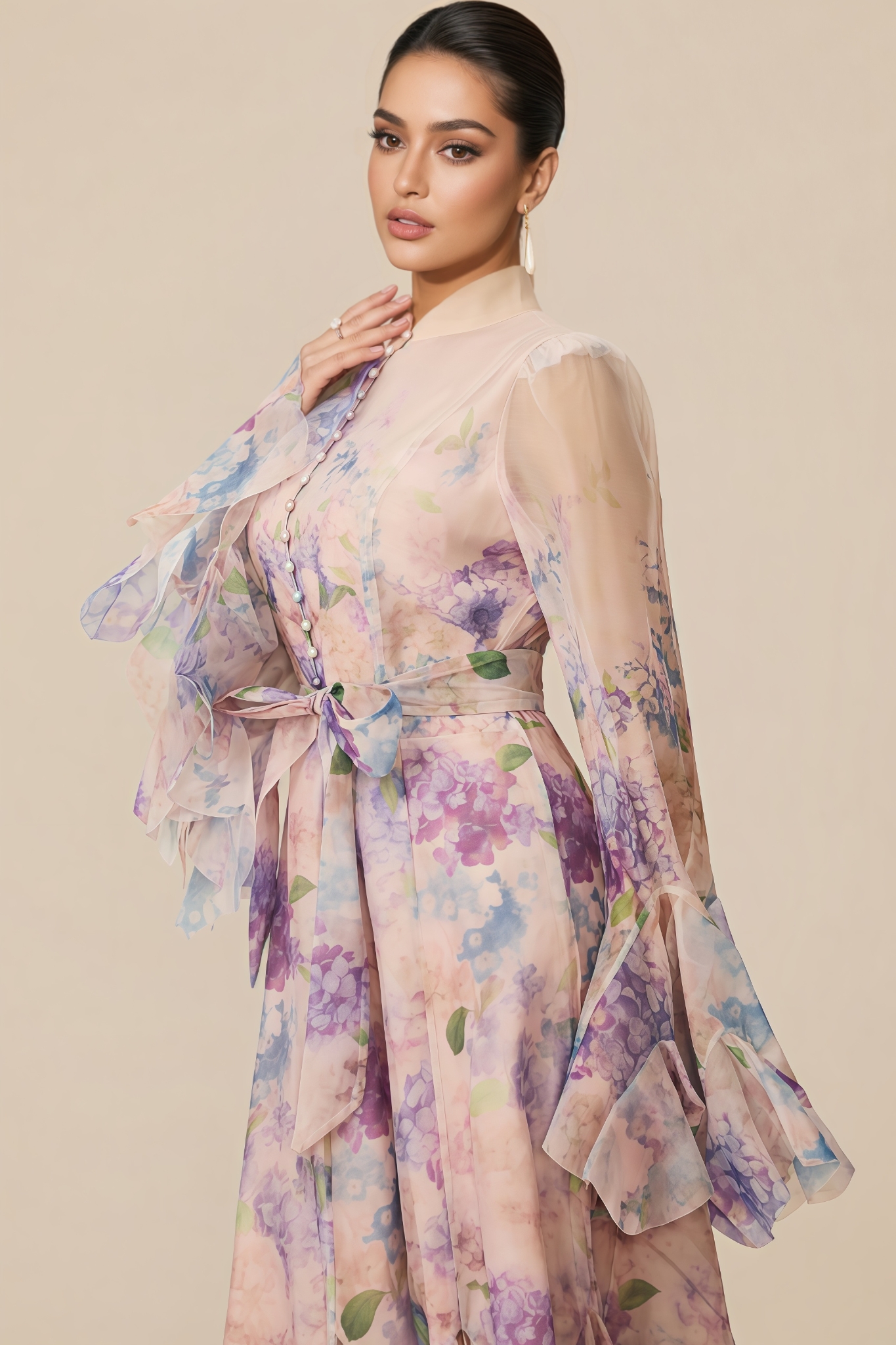 Orlin Purple Floral Print Ruffle Cuff Maxi Dress