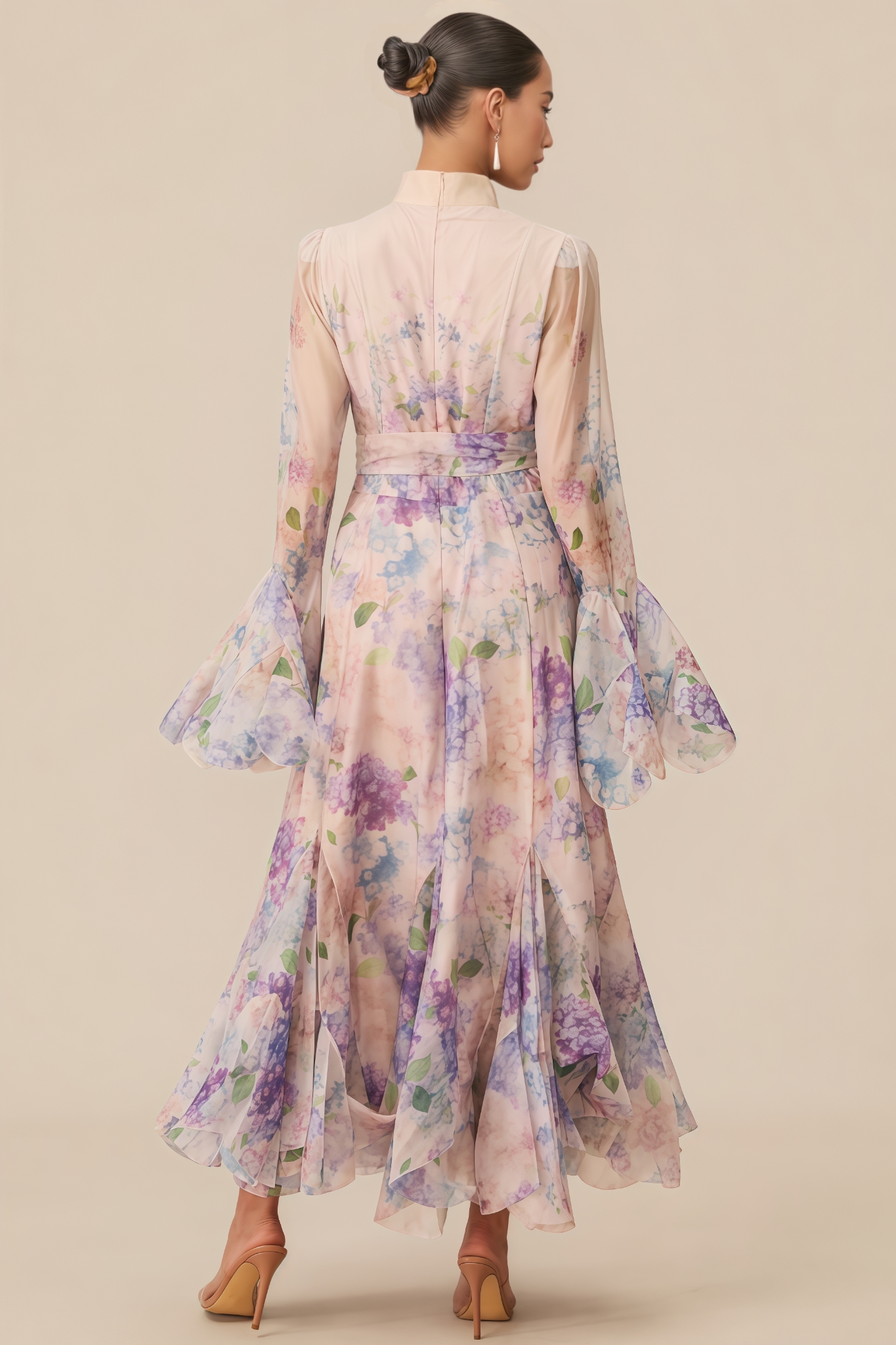 Orlin Purple Floral Print Ruffle Cuff Maxi Dress