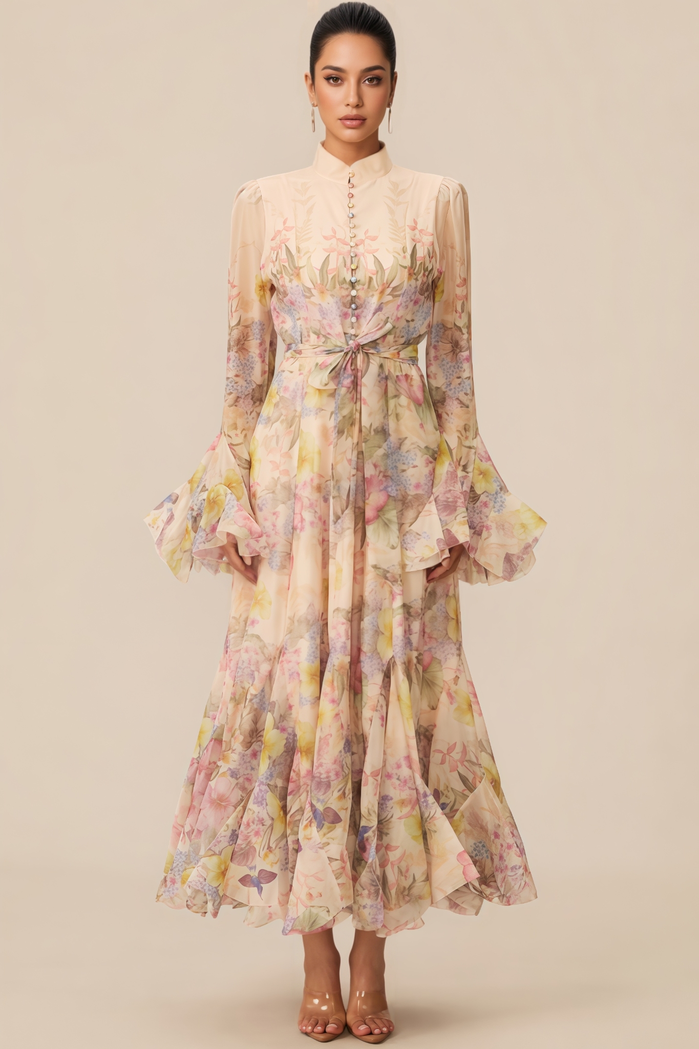 Nivra Floral Print Ruffle Cuff Maxi Dress