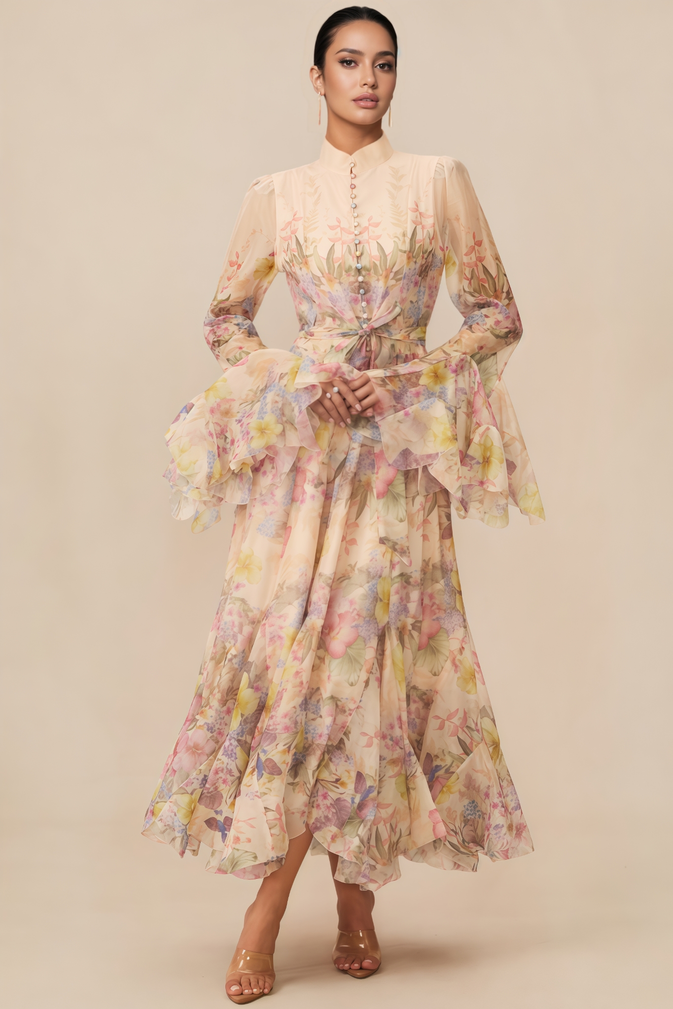 Nivra Floral Print Ruffle Cuff Maxi Dress