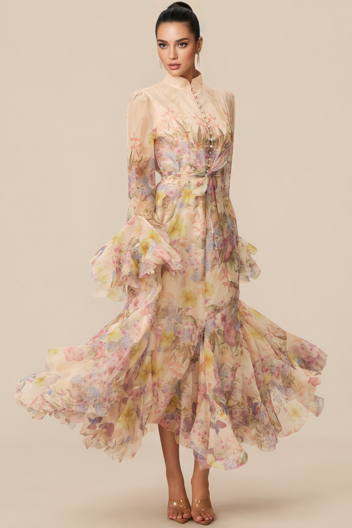 Nivra Floral Print Ruffle Cuff Maxi Dress