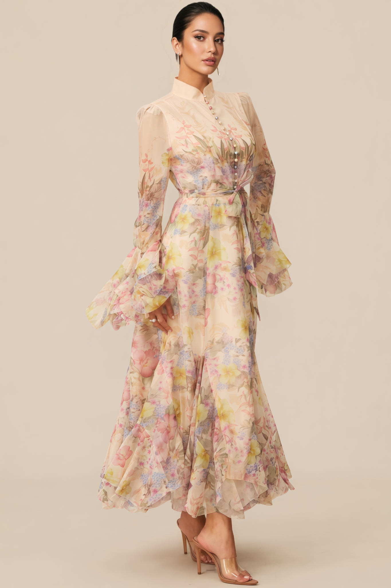 Nivra Floral Print Ruffle Cuff Maxi Dress