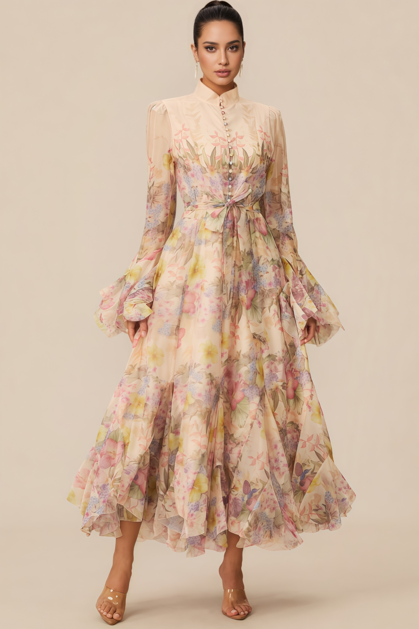 Nivra Floral Print Ruffle Cuff Maxi Dress