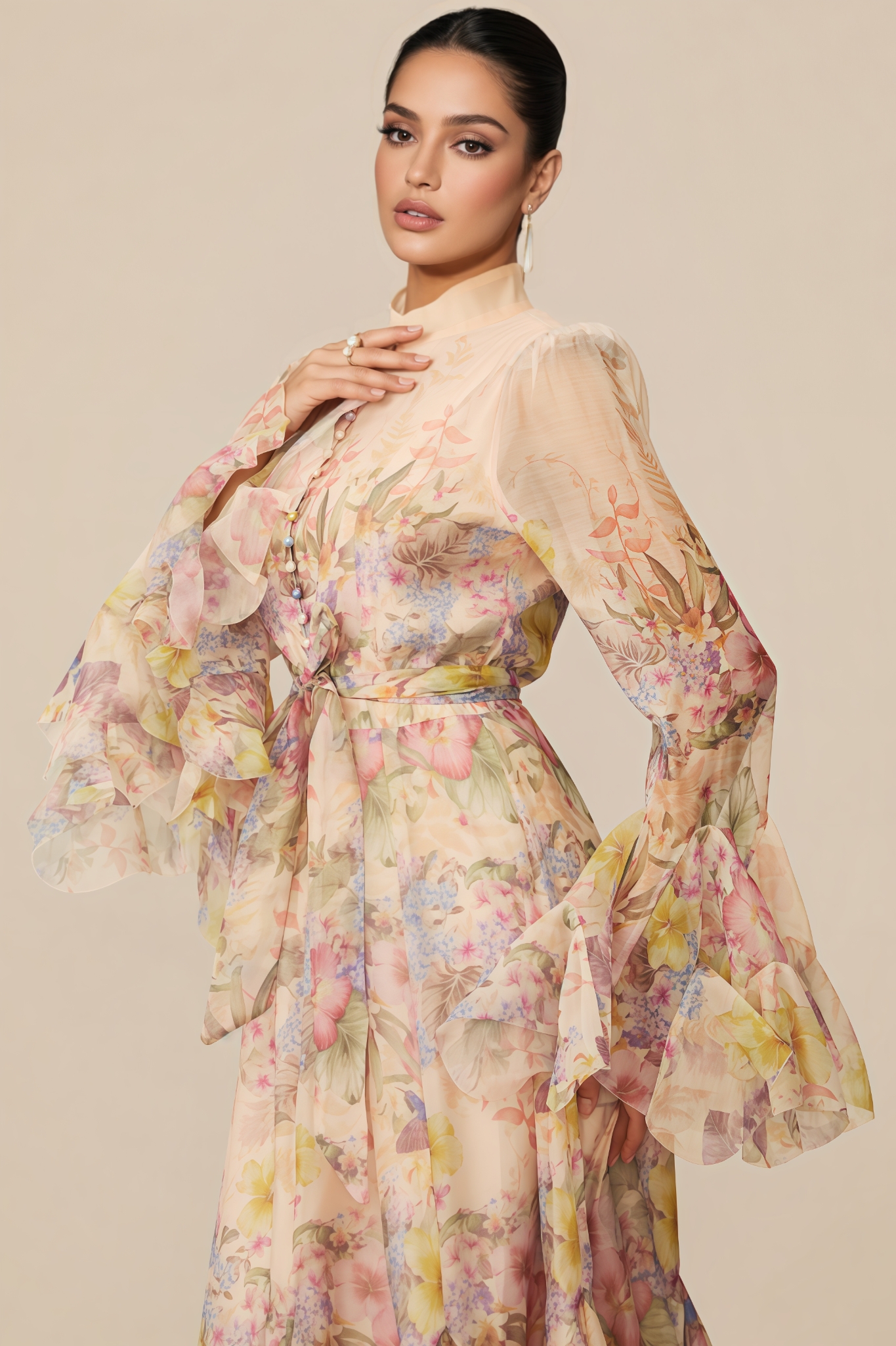 Nivra Floral Print Ruffle Cuff Maxi Dress