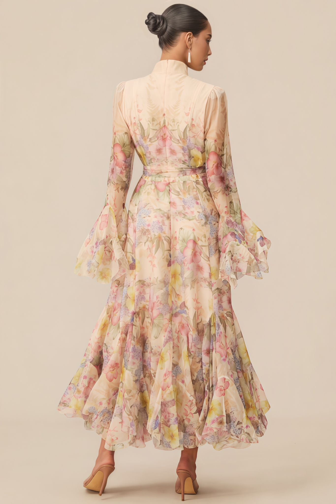 Nivra Floral Print Ruffle Cuff Maxi Dress