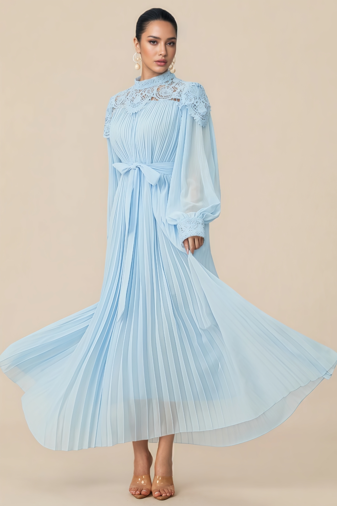 Madlint Blue Embroidered Lace Maxi Dress
