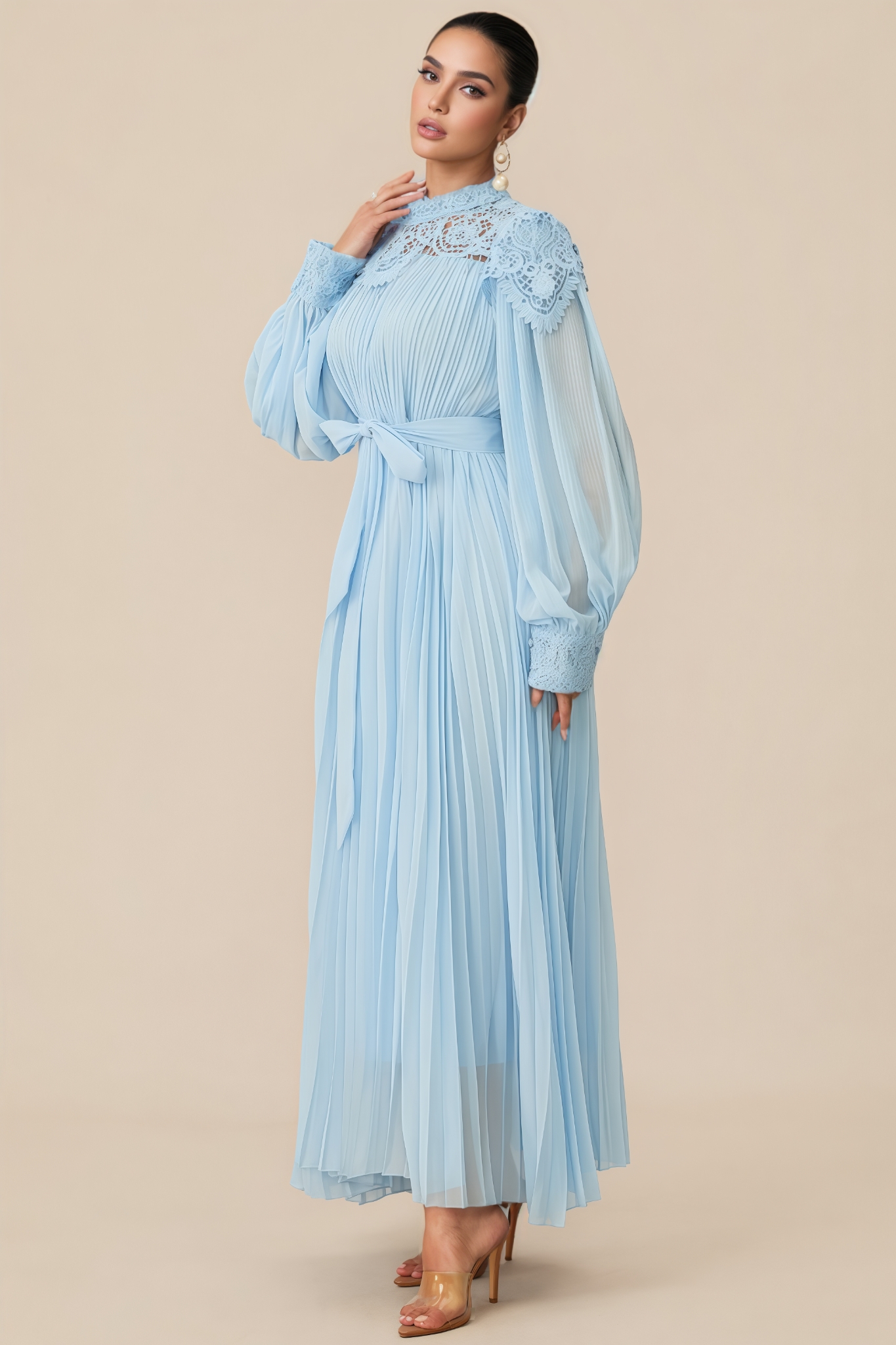 Norav Blue Embroidered Lace Chiffon Maxi Dress