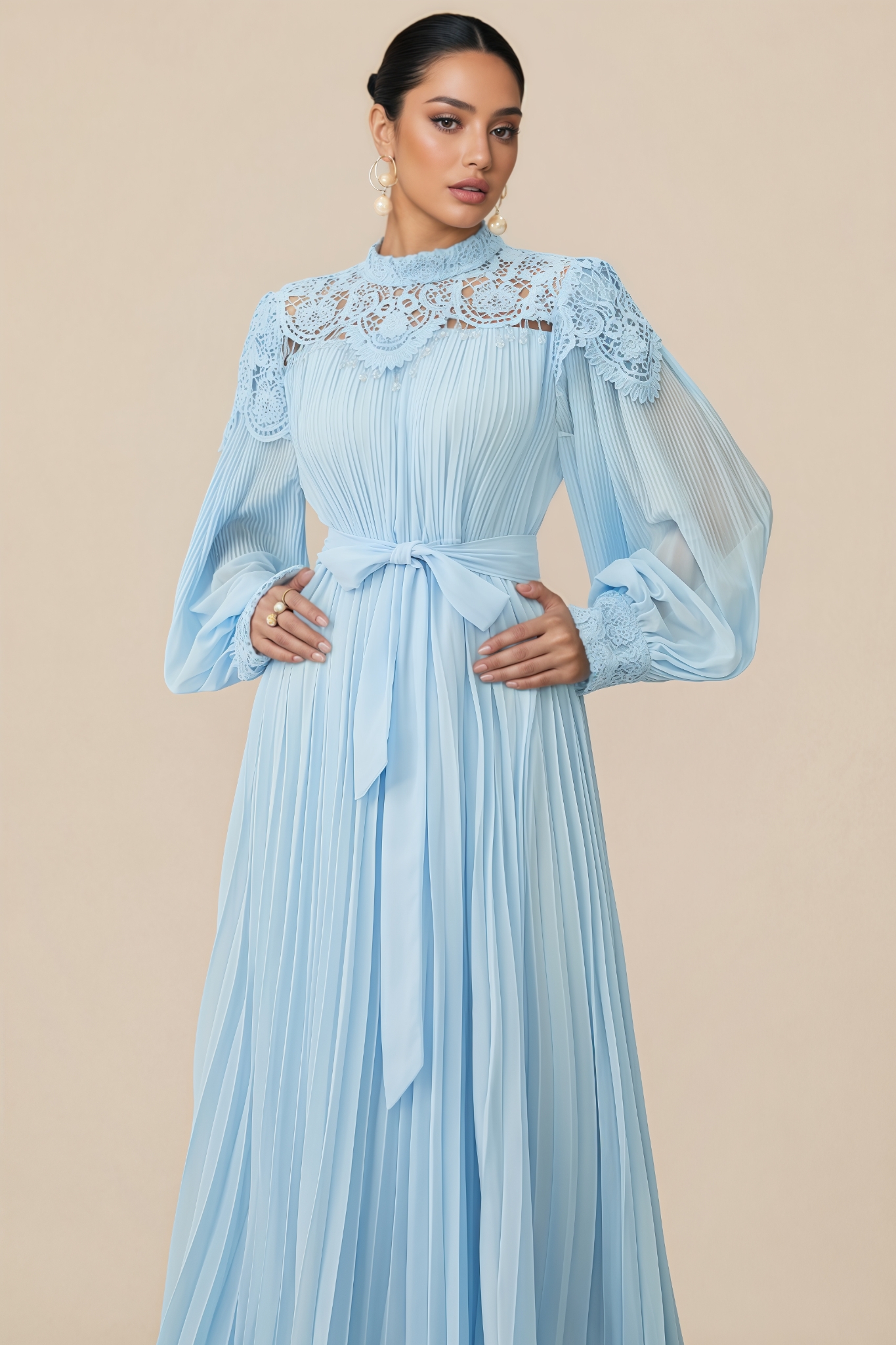 Norav Blue Embroidered Lace Chiffon Maxi Dress