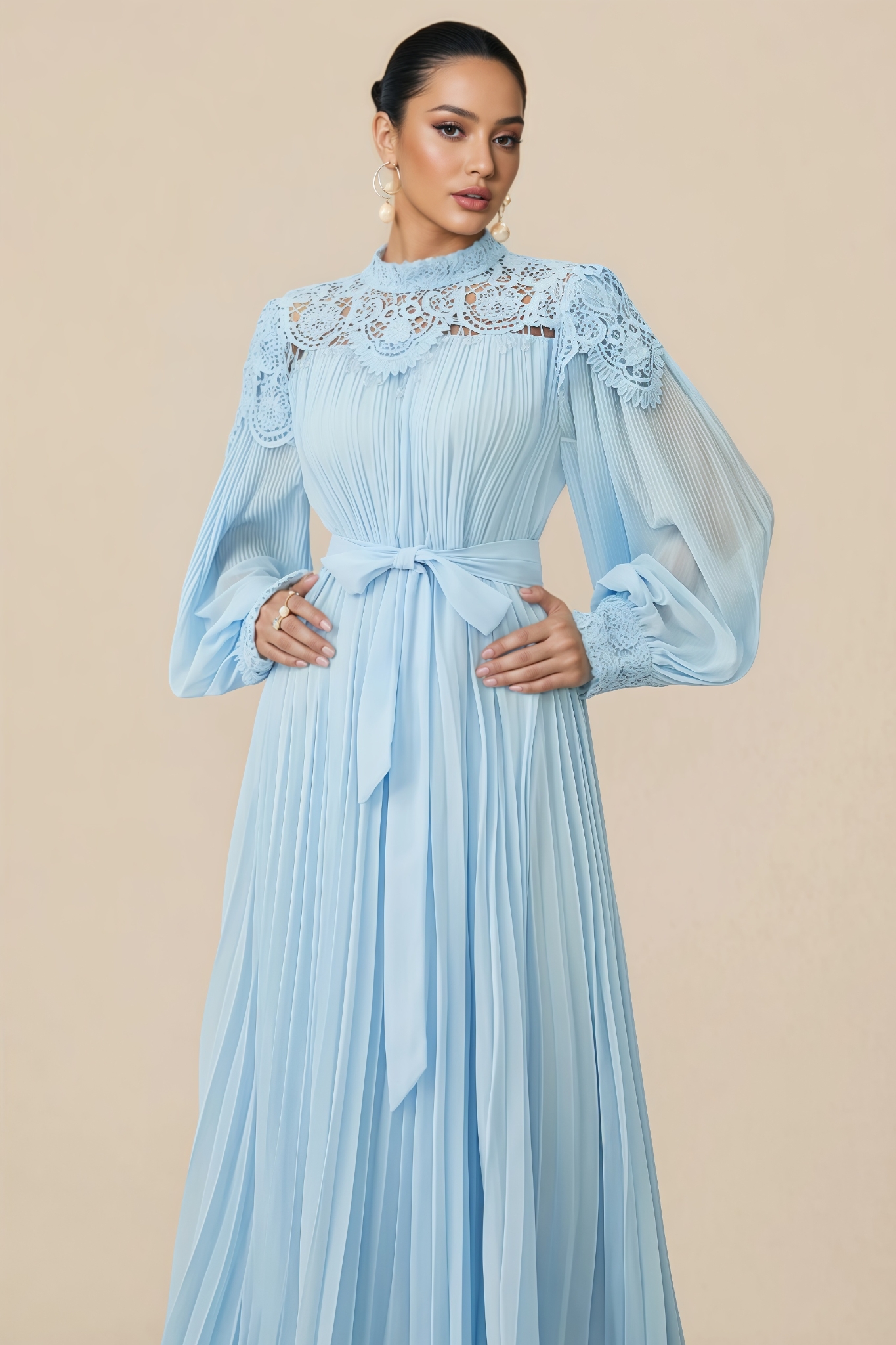 Madlint Blue Embroidered Lace Maxi Dress
