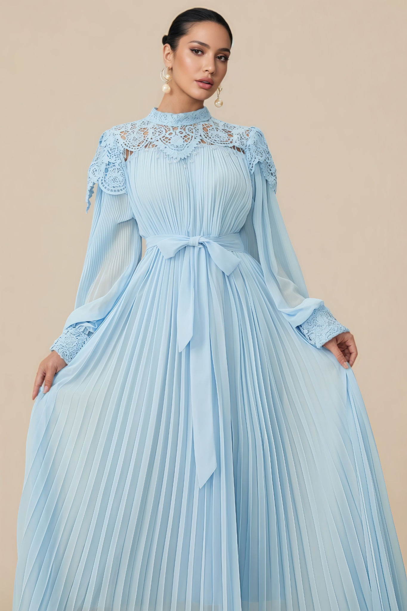 Madlint Blue Embroidered Lace Maxi Dress