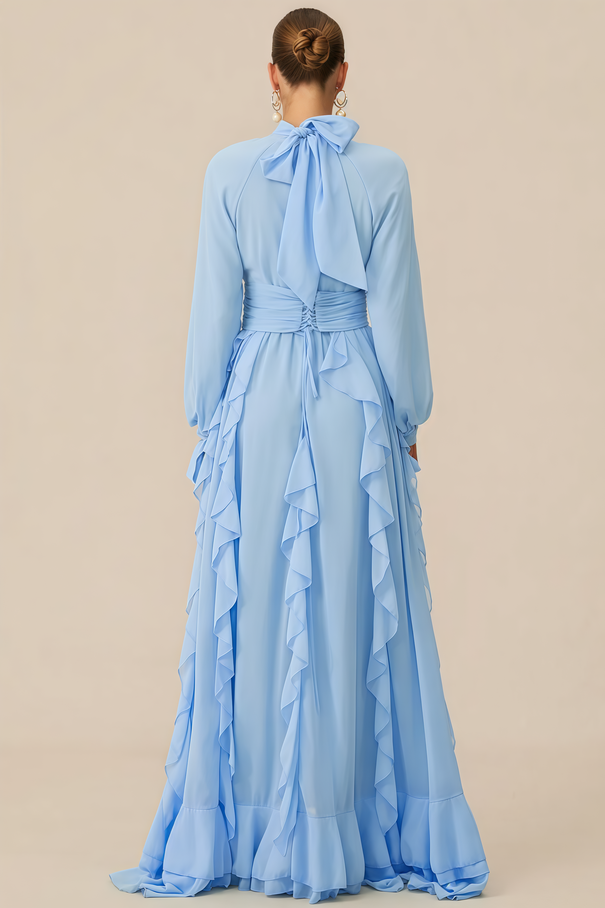 Esria Blue Long Sleeve Ruffle Maxi Dress