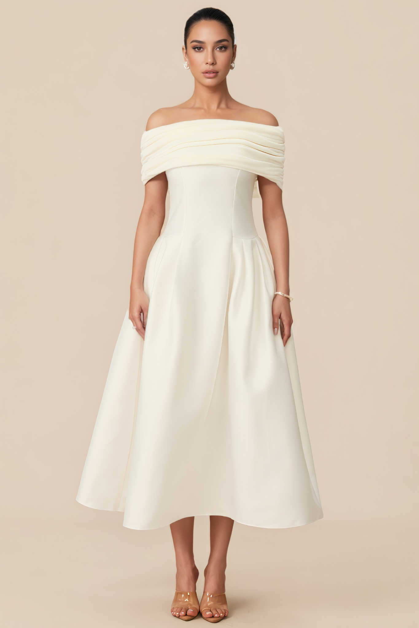 Willi Off Shoulder Flare Satin Midi Dress