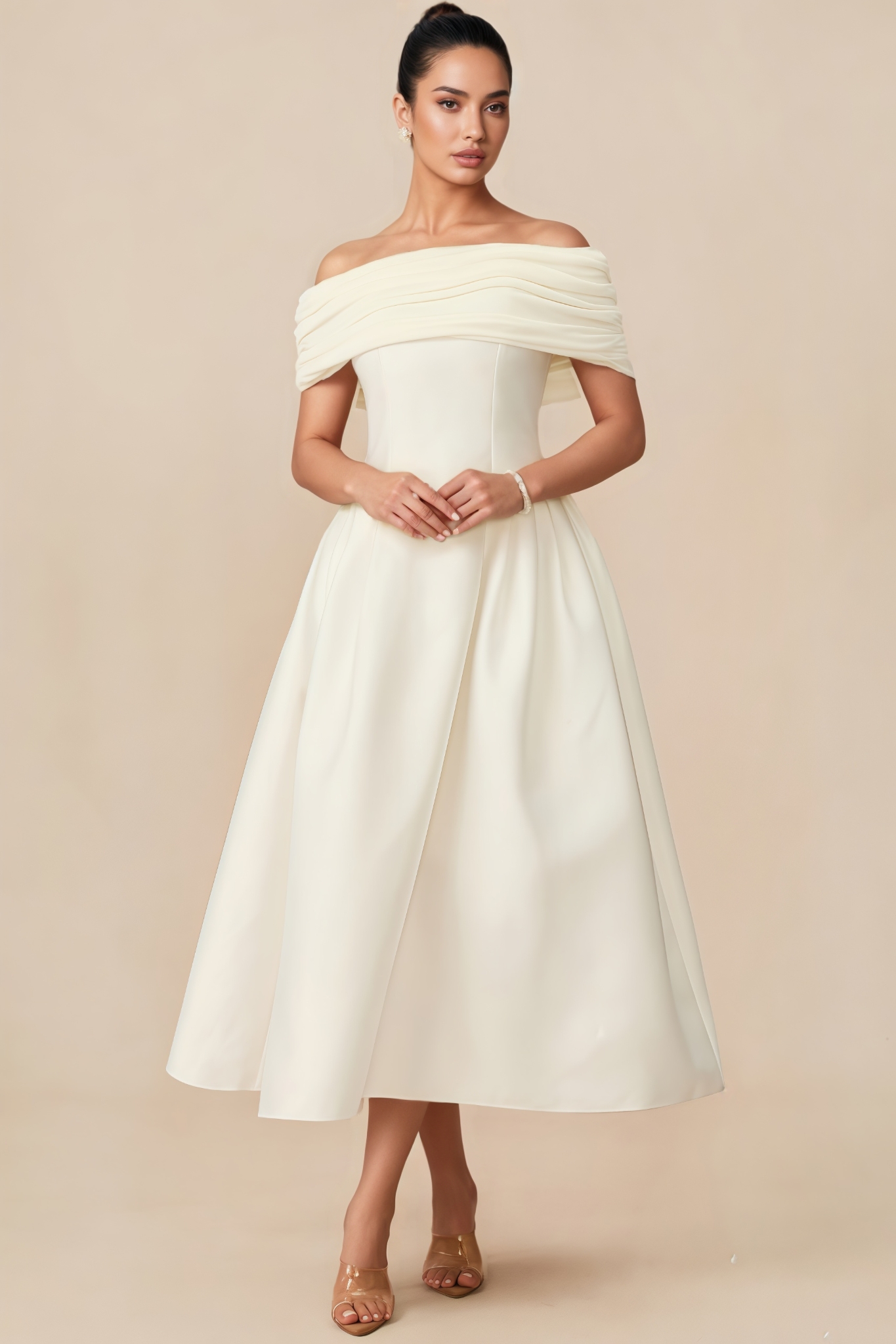 Willi Off Shoulder Flare Satin Midi Dress