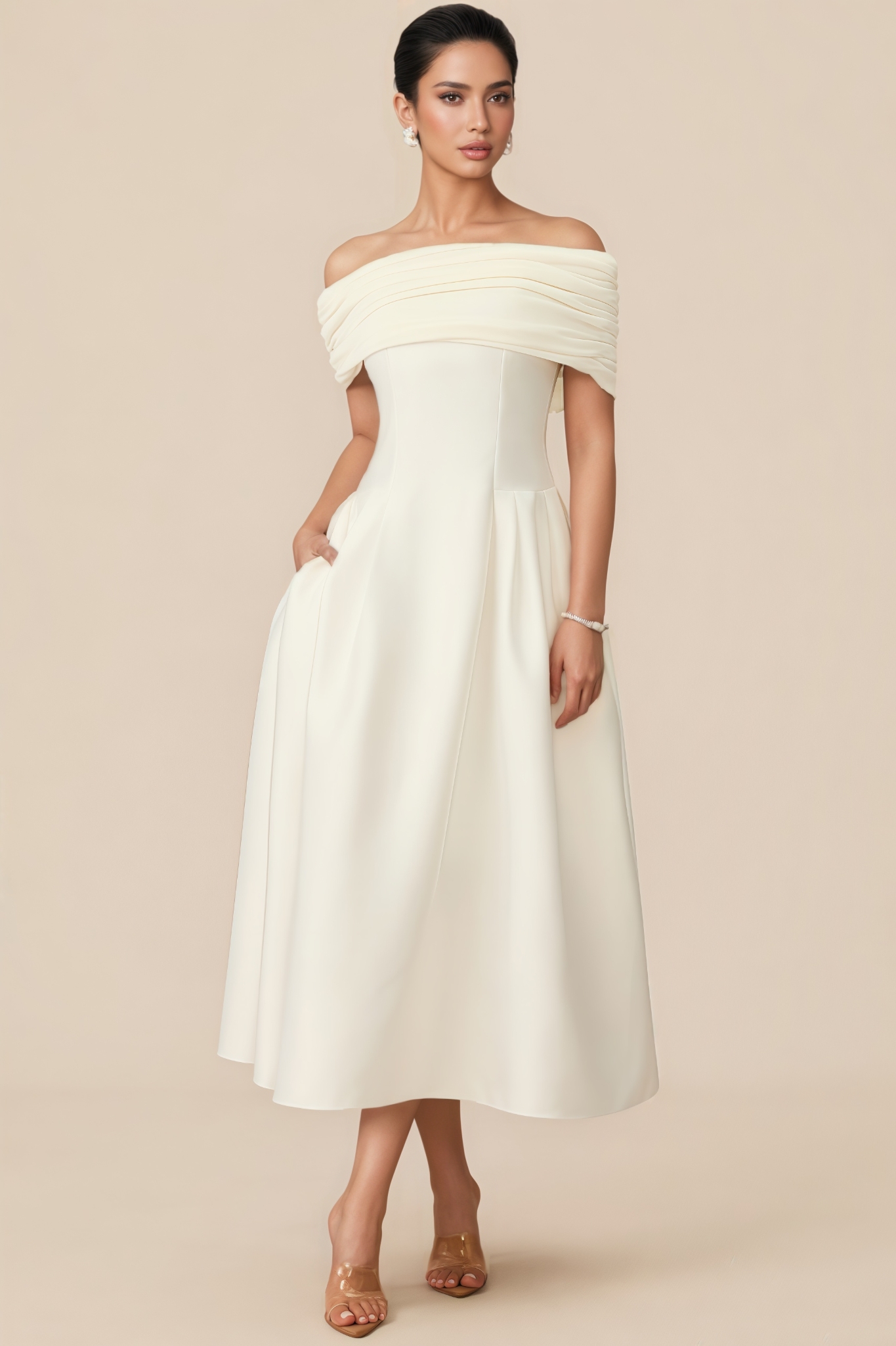 Willi Off Shoulder Flare Satin Midi Dress