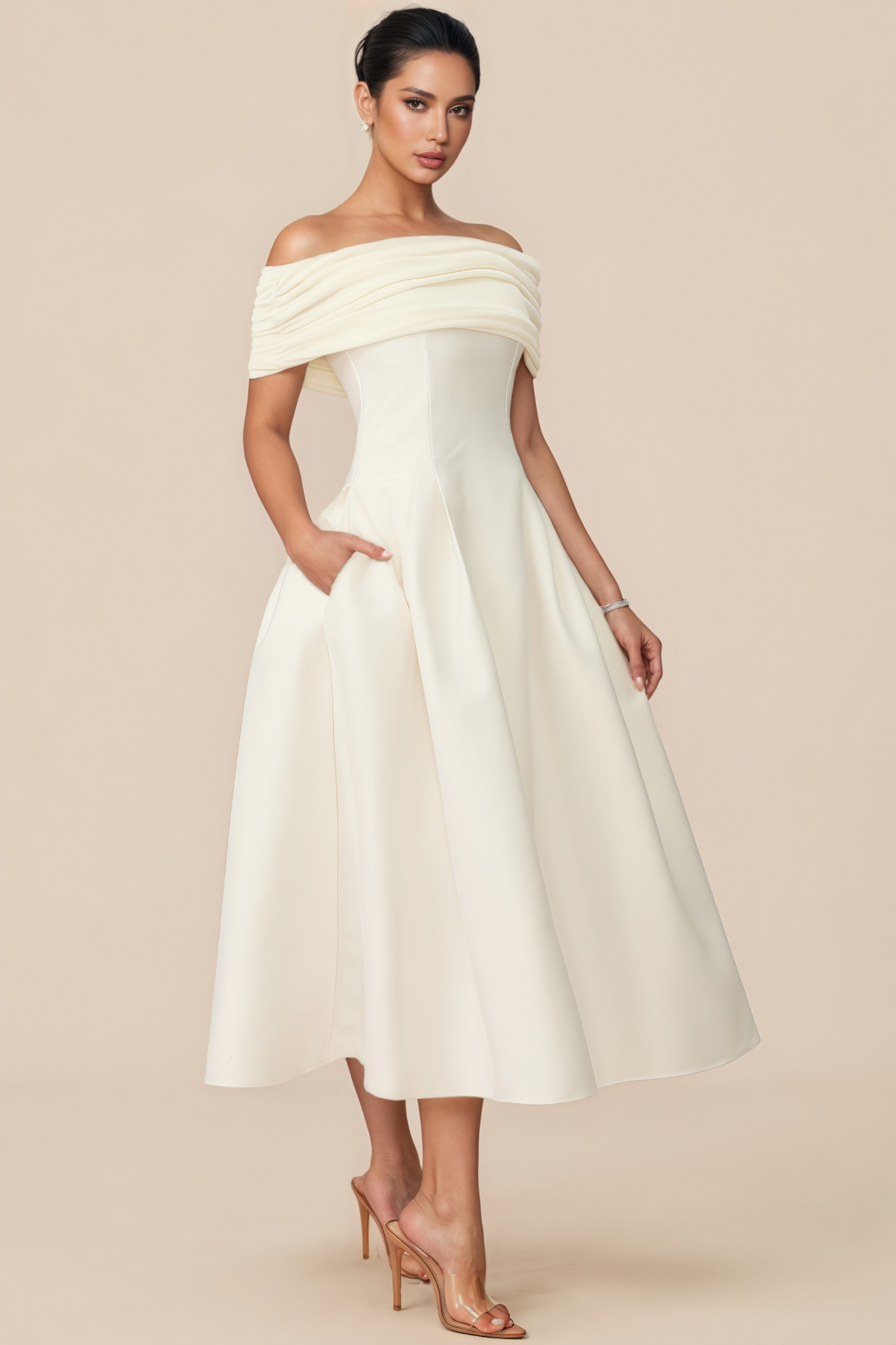 Willi Off Shoulder Flare Satin Midi Dress
