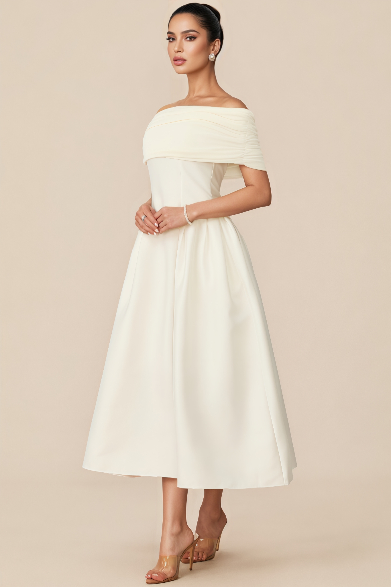 Willi Off Shoulder Flare Satin Midi Dress
