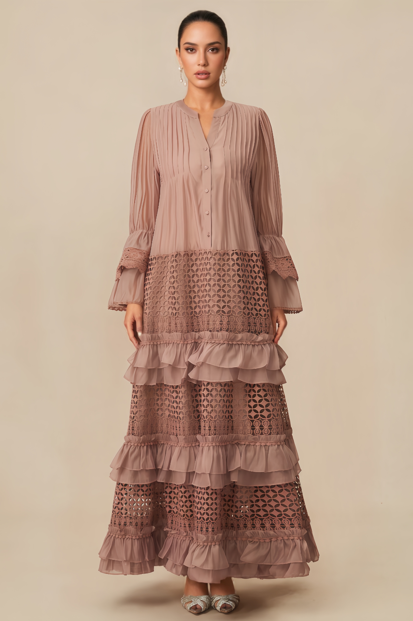 Zachrvy Pink Tiered Ruffle Maxi Dress