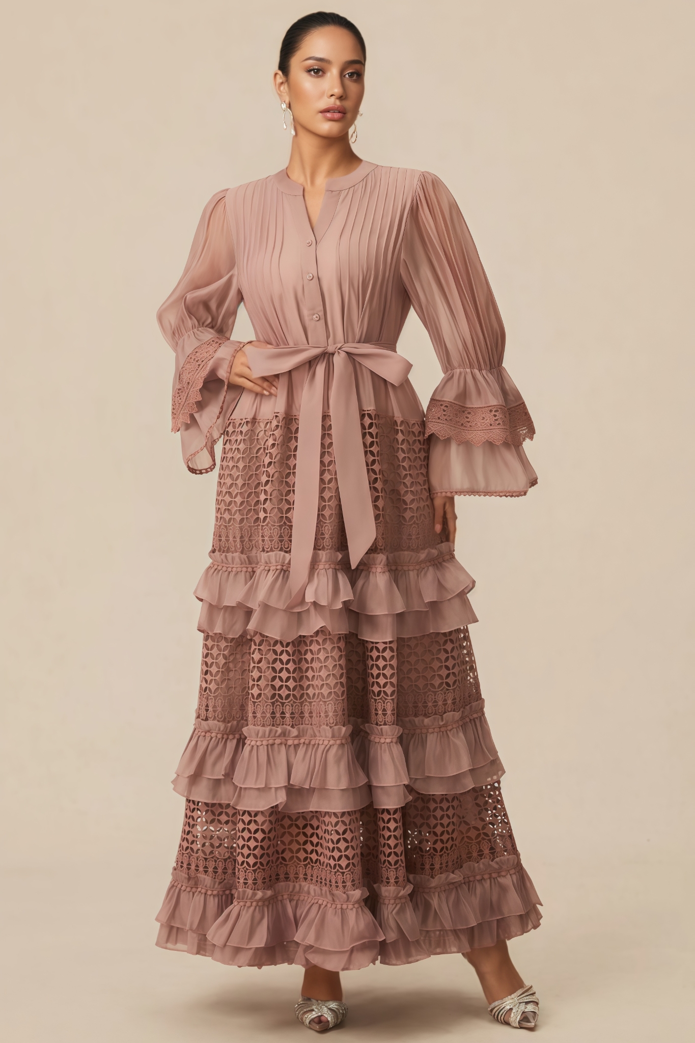 Zachrvy Pink Tiered Ruffle Maxi Dress