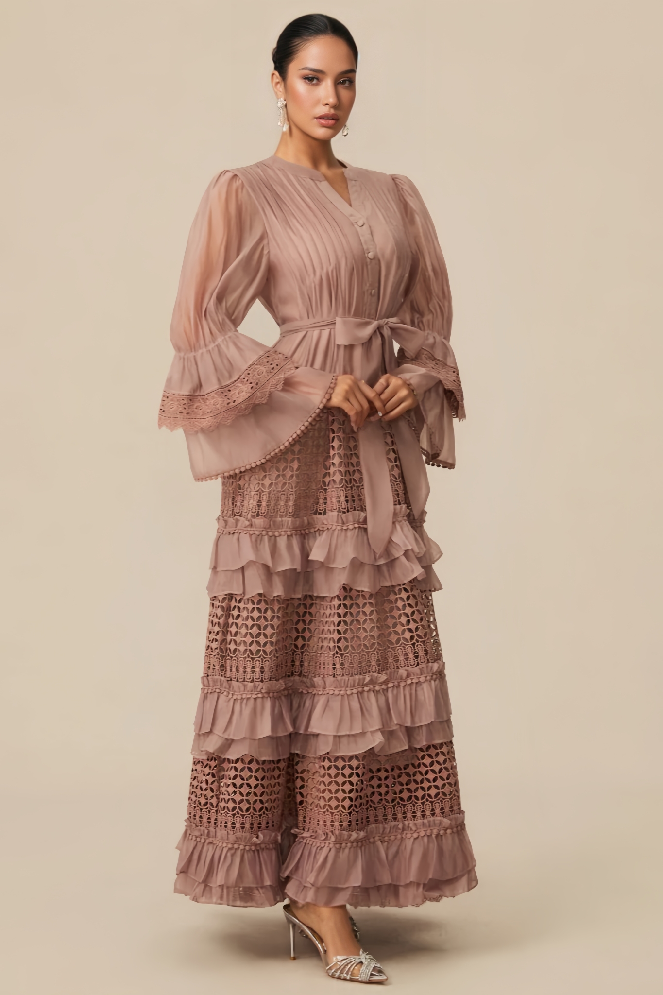 Zachrvy Pink Tiered Ruffle Maxi Dress